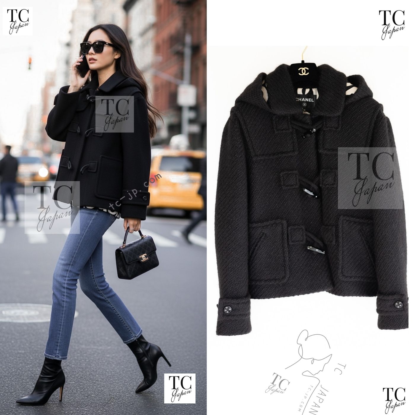 CHANEL 21B Black Wool Alpaca Blouson Duffel Jacket Coat 34 36 38 40 シャネル ブラック ウール アルパカ ブルゾン ダッフル ジャケット コート 即発