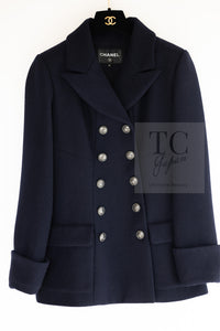 CHANEL 18PF Navy Wool 100% Double Jacket Half Pea Coat 40 シャネル ネイビー ウール100% ダブル ジャケット ハーフ ピー コート 即発
