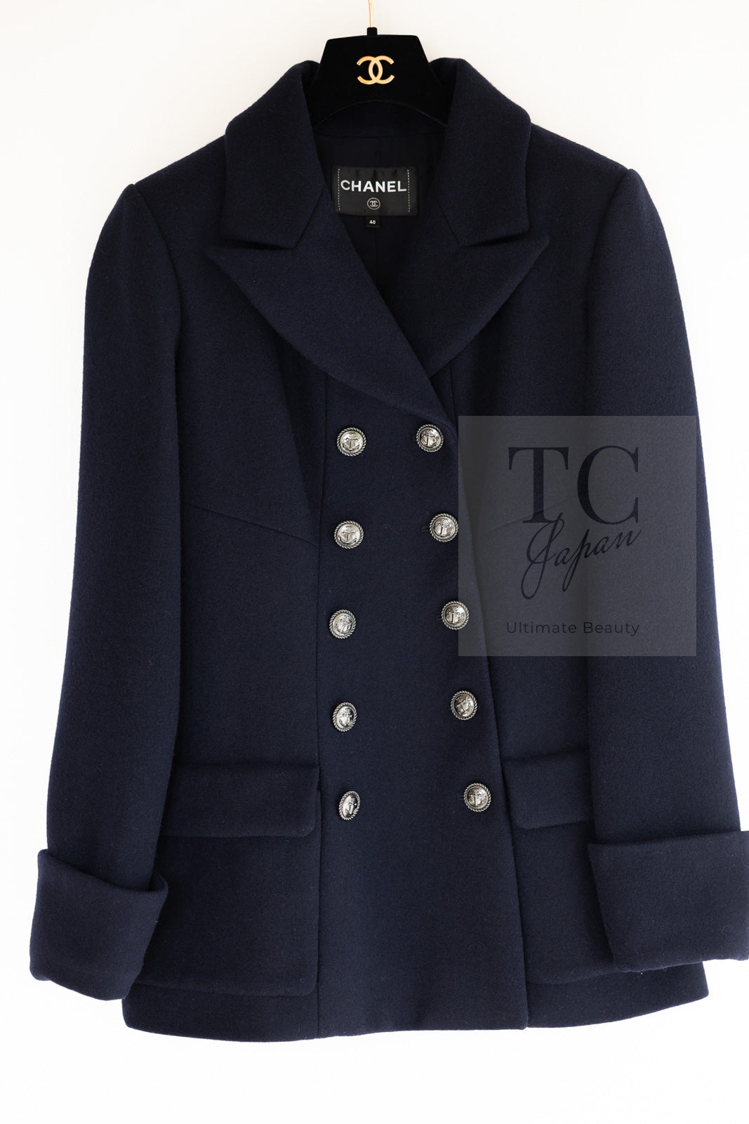 CHANEL 18PF Navy Wool 100% Double Jacket Half Pea Coat 40 シャネル ネイビー ウール100% ダブル ジャケット ハーフ ピー コート 即発