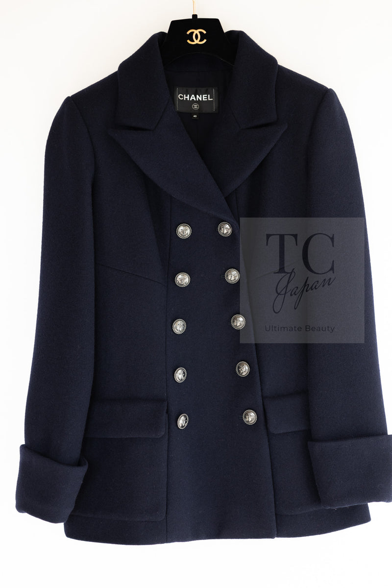 CHANEL 18PF Navy Wool 100% Double Jacket Half Pea Coat 40 シャネル ネイビー ウール100% ダブル ジャケット ハーフ ピー コート 即発
