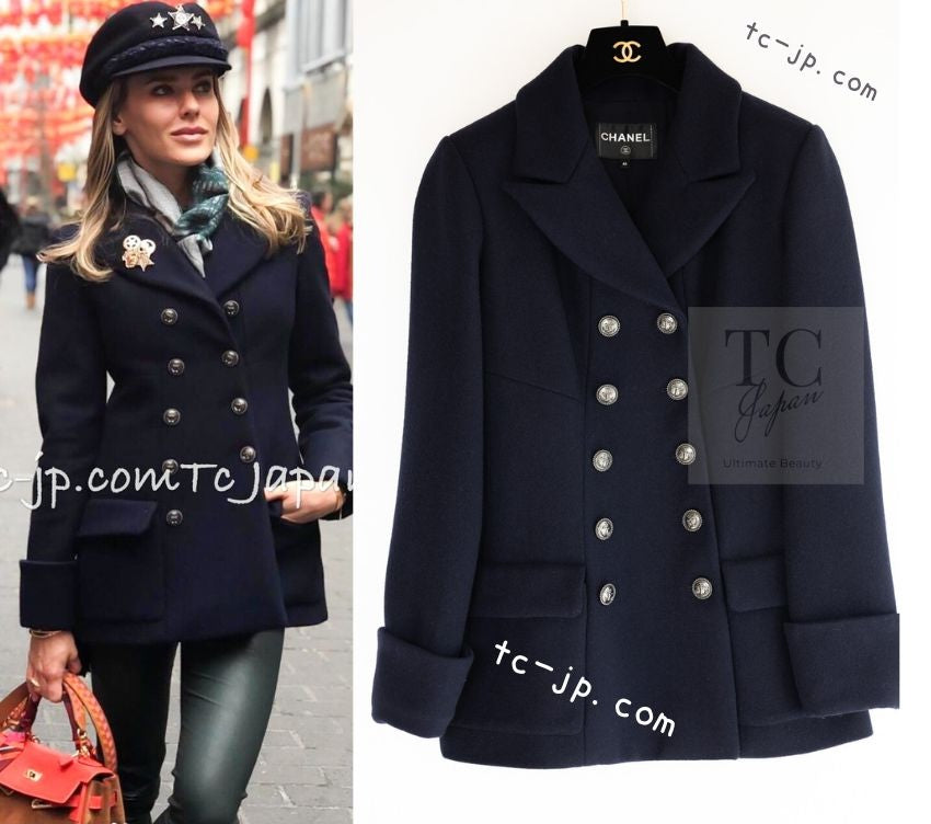 CHANEL 18PF Navy Wool 100% Double Jacket Half Pea Coat 40 シャネル ネイビー ウール100% ダブル ジャケット ハーフ ピー コート 即発