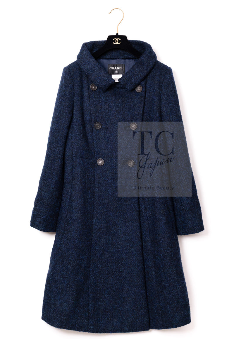 CHANEL 12A Navy Wool Alpaca CC Logo Buttons Stand Collar Double Coat 34 シャネル ネイビー ウール アルパカ CC ロゴボタン スタンドカラー ダブル コート 即発