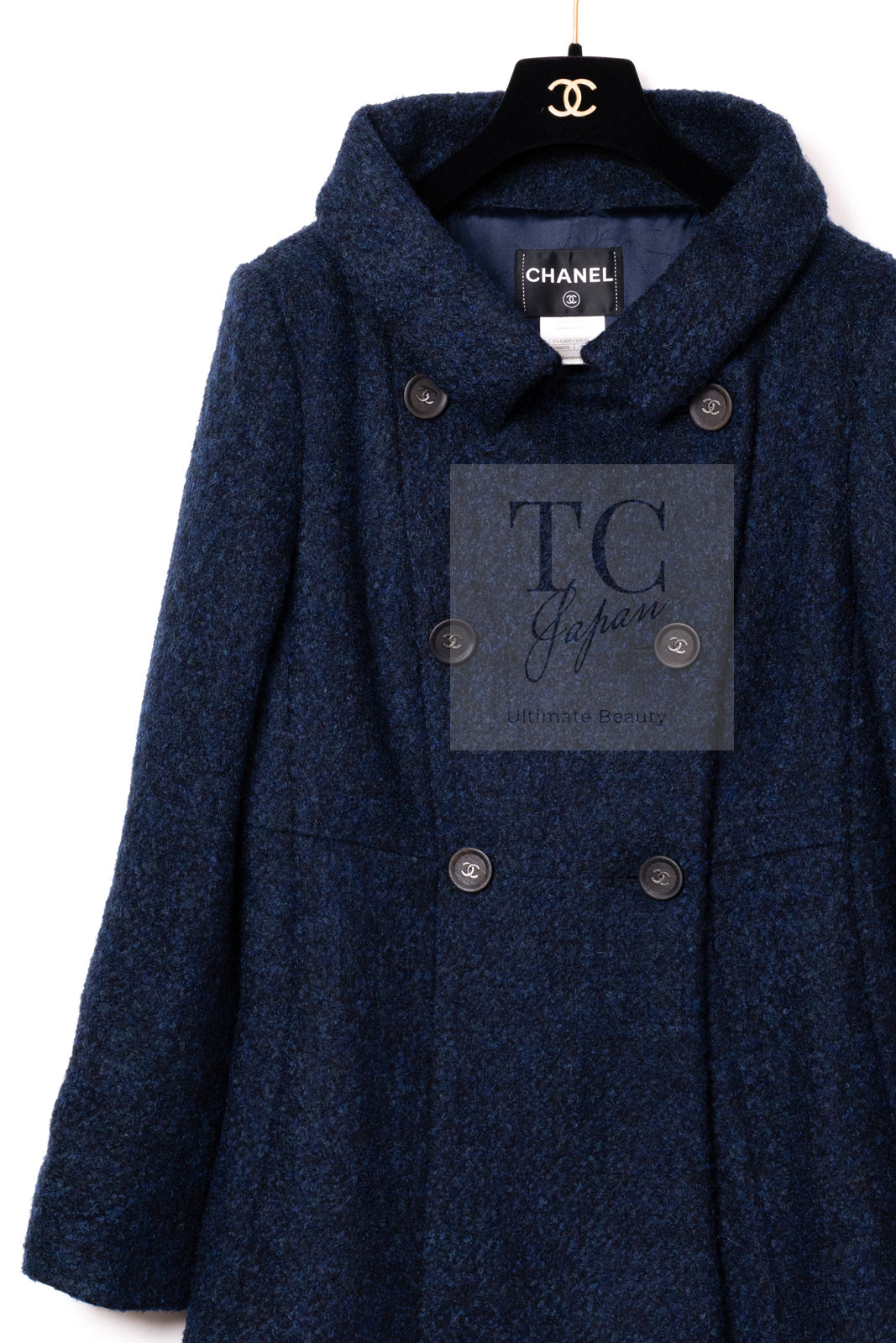 シャネル コート CHANEL ネイビー ウール アルパカ CC ロゴ