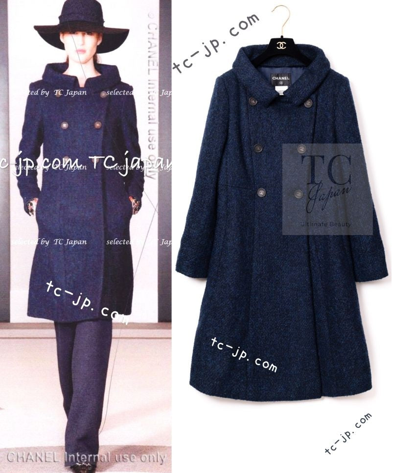 CHANEL 12A Navy Wool Alpaca CC Logo Buttons Stand Collar Double Coat 34 シャネル ネイビー ウール アルパカ CC ロゴボタン スタンドカラー ダブル コート 即発