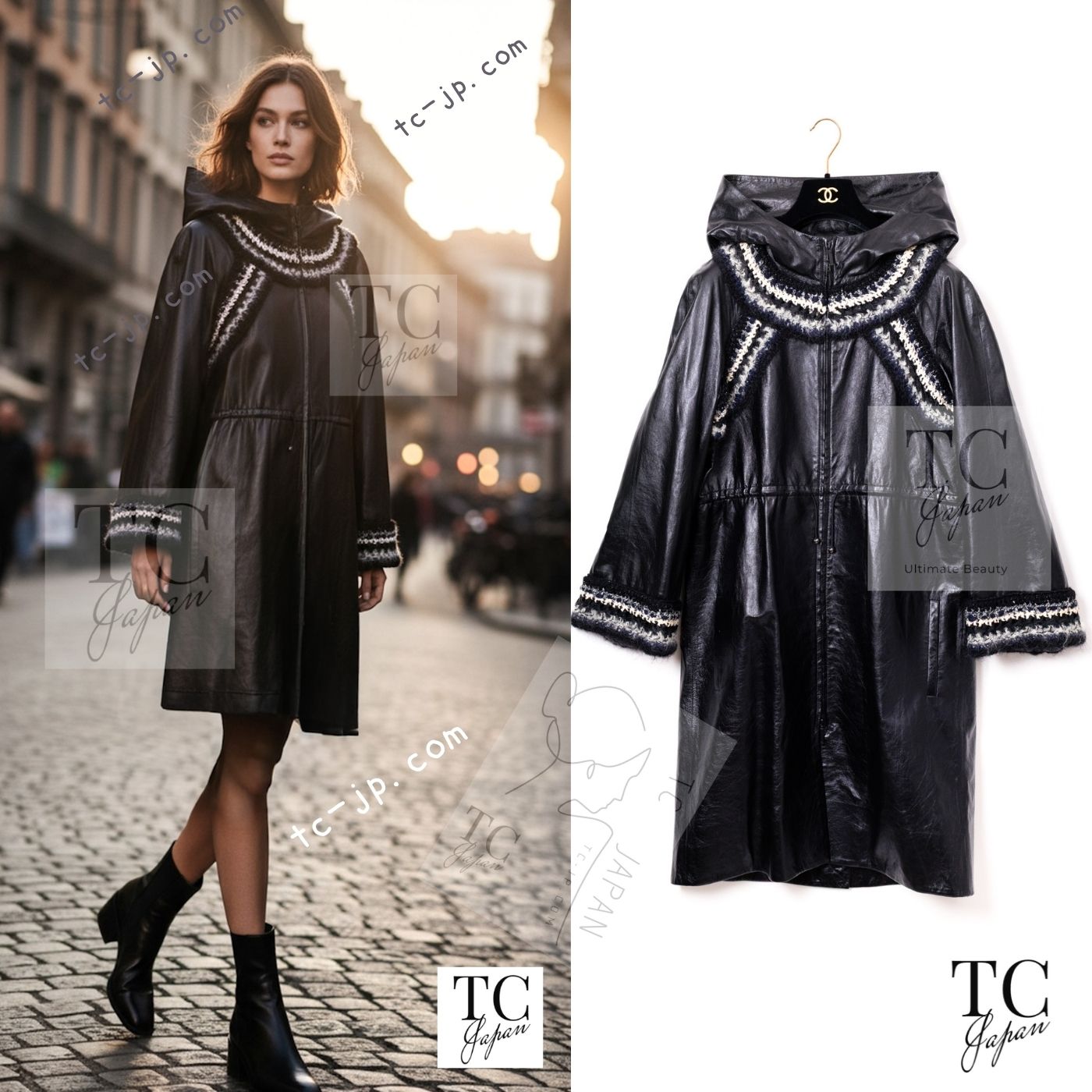 CHANEL 13B Black Lamb Leather Braid Trim Coat 38 40 シャネル ブラック ラム レザー ブレイド トリミング コート 即発