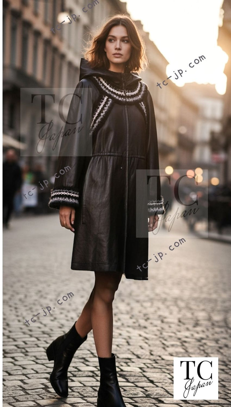 CHANEL 13B Black Lamb Leather Braid Trim Coat 38 40 シャネル ブラック ラム レザー ブレイド トリミング コート 即発 - TC JAPAN