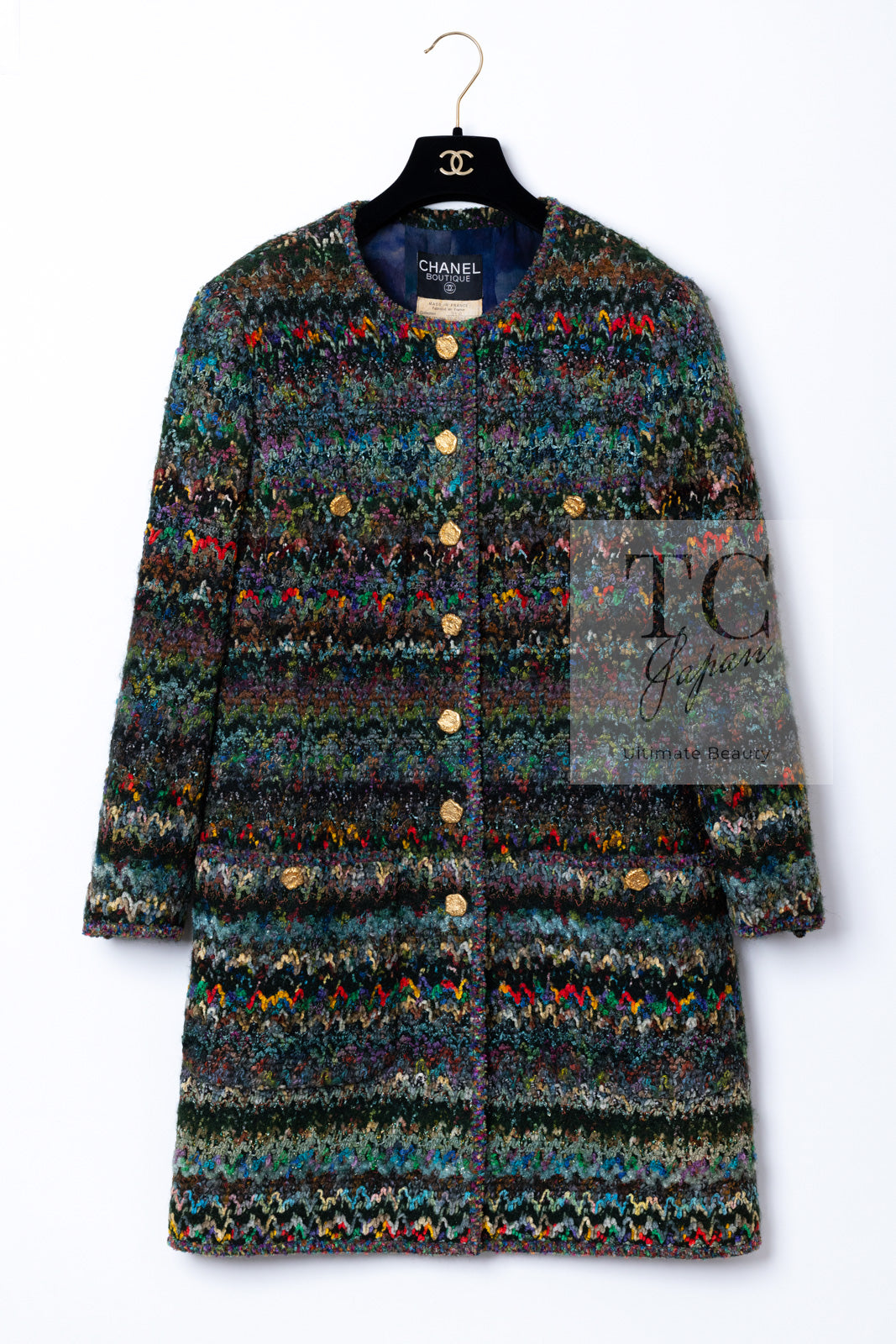 CHANEL 93A Vintage Green Multicolor Gold Buttons Wool Tweed Coat 40 42 シャネル ヴィンテージ グリーン マルチカラー ゴールド ボタン ウール ツイード コート 即発