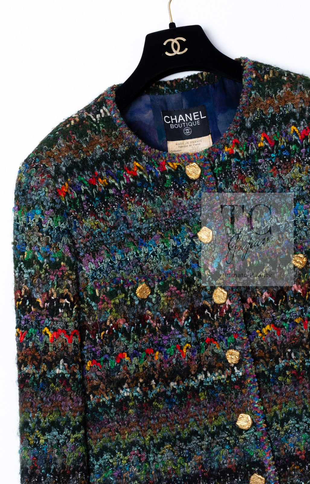 CHANEL 93A Vintage Green Multicolor Gold Buttons Wool Tweed Coat 40 42 シャネル ヴィンテージ グリーン マルチカラー ゴールド ボタン ウール ツイード コート 即発
