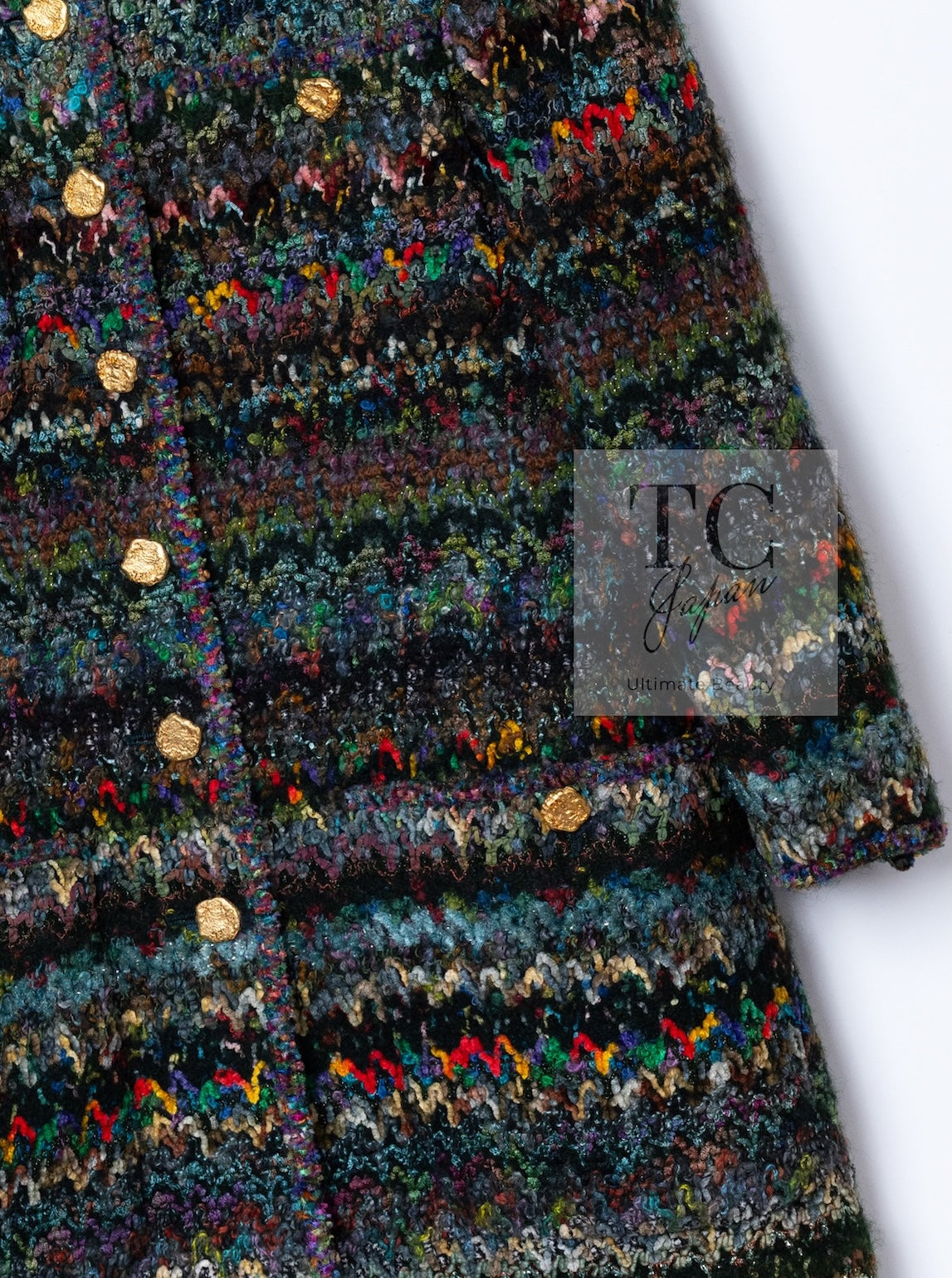 CHANEL 93A Vintage Green Multicolor Gold Buttons Wool Tweed Coat 40 42 シャネル ヴィンテージ グリーン マルチカラー ゴールド ボタン ウール ツイード コート 即発