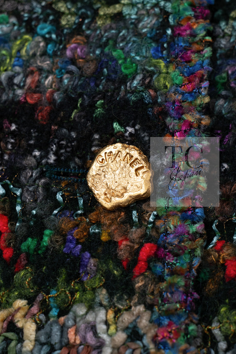 CHANEL 93A Vintage Green Multicolor Gold Buttons Wool Tweed Coat 40 42 シャネル ヴィンテージ グリーン マルチカラー ゴールド ボタン ウール ツイード コート 即発