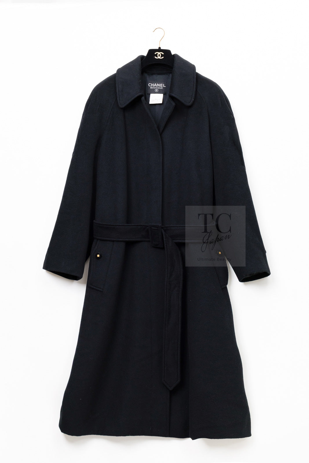 CHANEL 96A Vintage Black Cashmere Belt Long Coat 42 44 46 48 50 シャネル ヴィンテージ ブラック カシミヤ100% ベルト ロング コート 即発