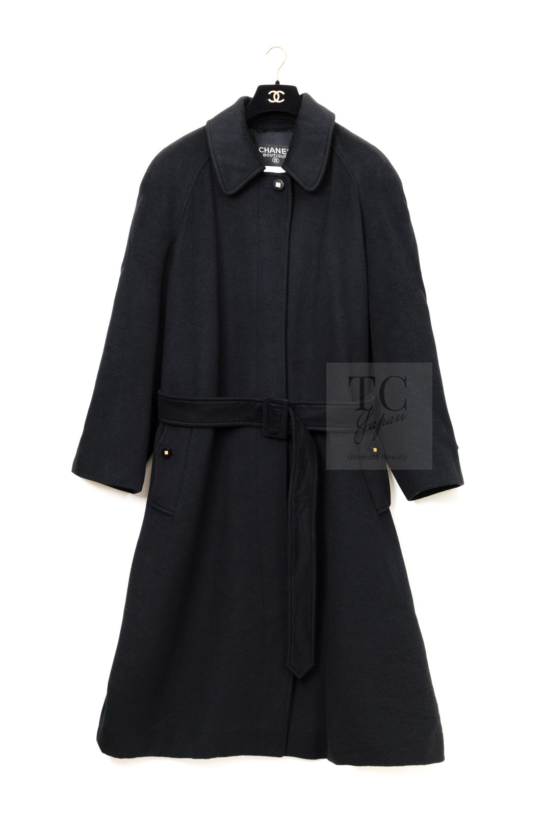 CHANEL 96A Vintage Black Cashmere Belt Long Coat 42 44 46 48 50 シャネル ヴィンテージ ブラック カシミヤ100% ベルト ロング コート 即発