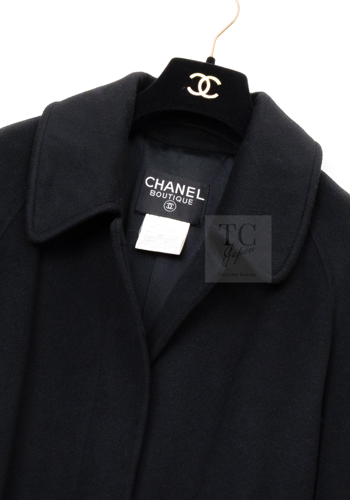 CHANEL 96A Vintage Black Cashmere Belt Long Coat 42 44 46 48 50 シャネル ヴィンテージ ブラック カシミヤ100% ベルト ロング コート 即発