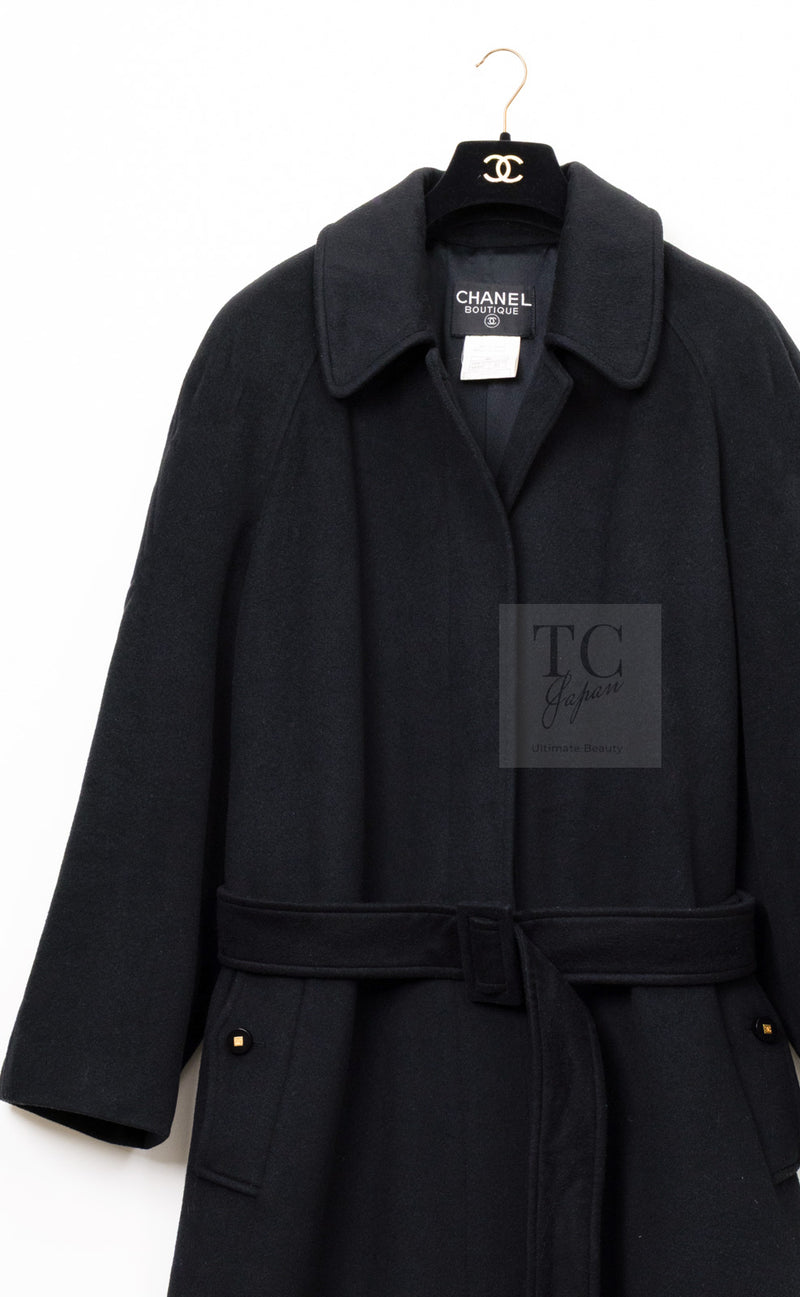 CHANEL 96A Vintage Black Cashmere Belt Long Coat 42 44 46 48 50 シャネル ヴィンテージ ブラック カシミヤ100% ベルト ロング コート 即発