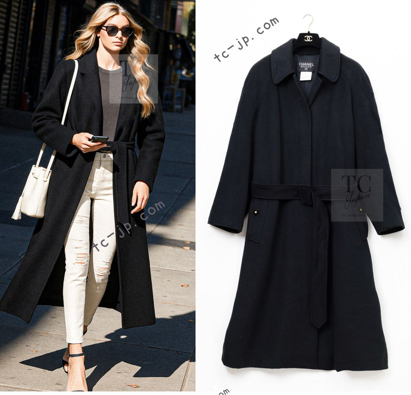 CHANEL 96A Vintage Black Cashmere Belt Long Coat 42 44 46 48 50 シャネル ヴィンテージ ブラック カシミヤ100% ベルト ロング コート 即発