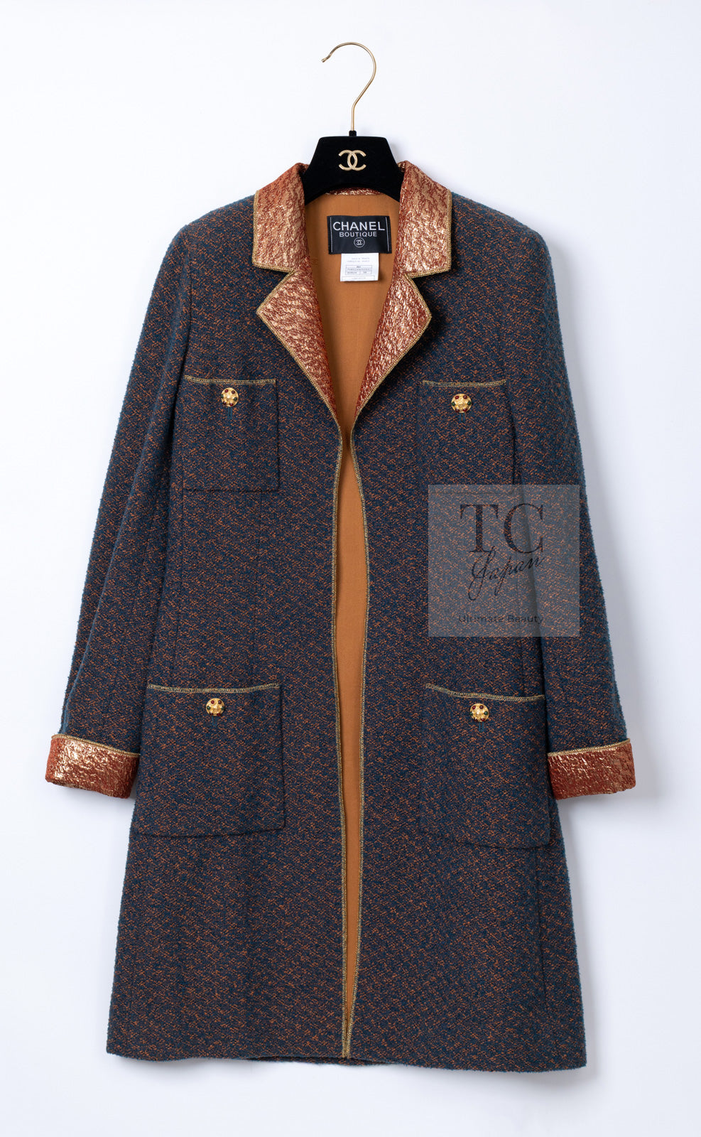 CHANEL 96A Vintage Brown Bronze Gold Gripox Button Wool Mohair Tweed Coat 38 シャネル ヴィンテージ ブラウン ブロンズ ゴールド ウール モヘア グリポワ 宝石ボタン ツイード コート 即発