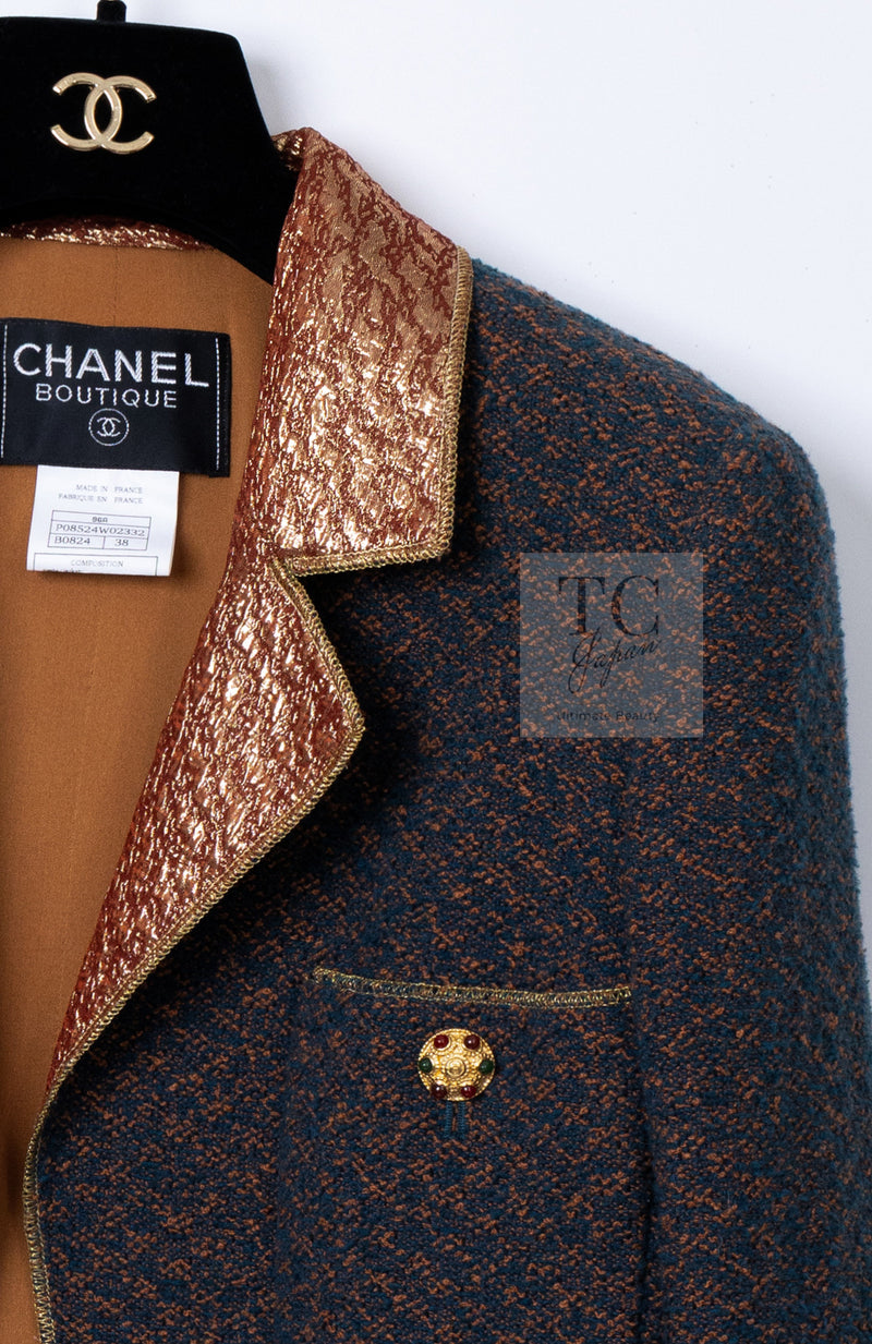 CHANEL 96A Vintage Brown Bronze Gold Gripox Button Wool Mohair Tweed Coat 38 シャネル ヴィンテージ ブラウン ブロンズ ゴールド ウール モヘア グリポワ 宝石ボタン ツイード コート 即発