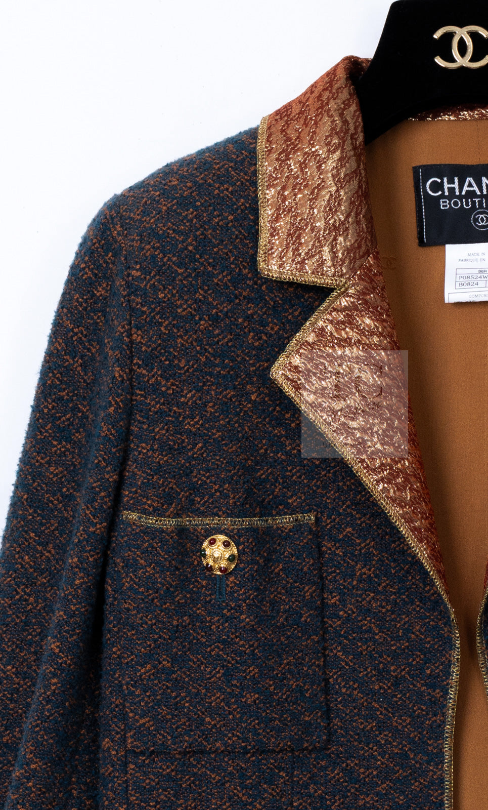 CHANEL 96A Vintage Brown Bronze Gold Gripox Button Wool Mohair Tweed Coat 38 シャネル ヴィンテージ ブラウン ブロンズ ゴールド ウール モヘア グリポワ 宝石ボタン ツイード コート 即発