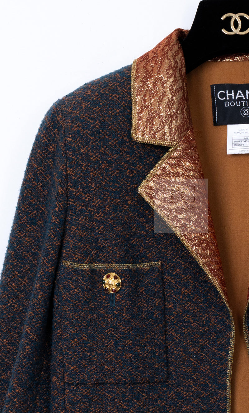CHANEL 96A Vintage Brown Bronze Gold Gripox Button Wool Mohair Tweed Coat 38 シャネル ヴィンテージ ブラウン ブロンズ ゴールド ウール モヘア グリポワ 宝石ボタン ツイード コート 即発