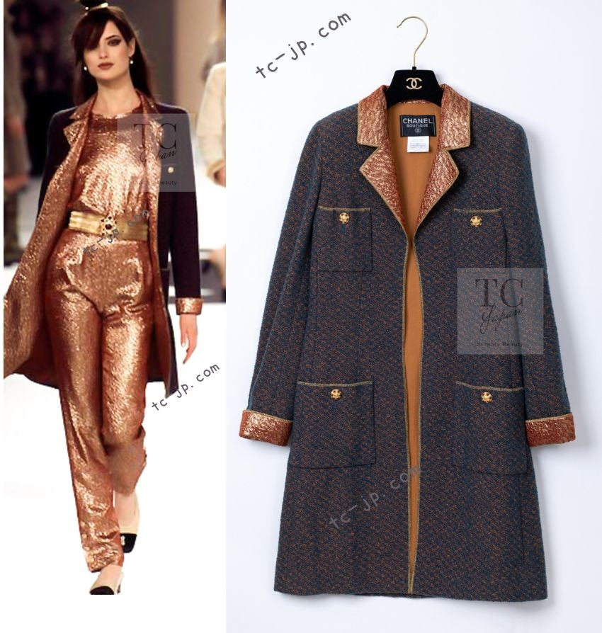 CHANEL 96A Vintage Brown Bronze Gold Gripox Button Wool Mohair Tweed Coat 38 シャネル ヴィンテージ ブラウン ブロンズ ゴールド ウール モヘア グリポワ 宝石ボタン ツイード コート 即発