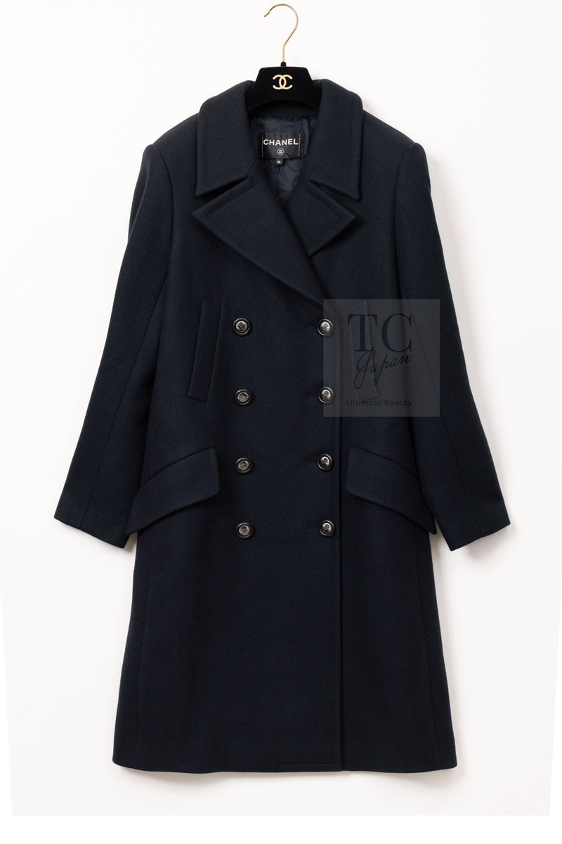 CHANEL 17B Black Dark Navy Wool CC Logo Button Double Coat 38 40 シャネル ブラック ダーク ネイビー ウール CC ロゴボタン ダブル コート 即発