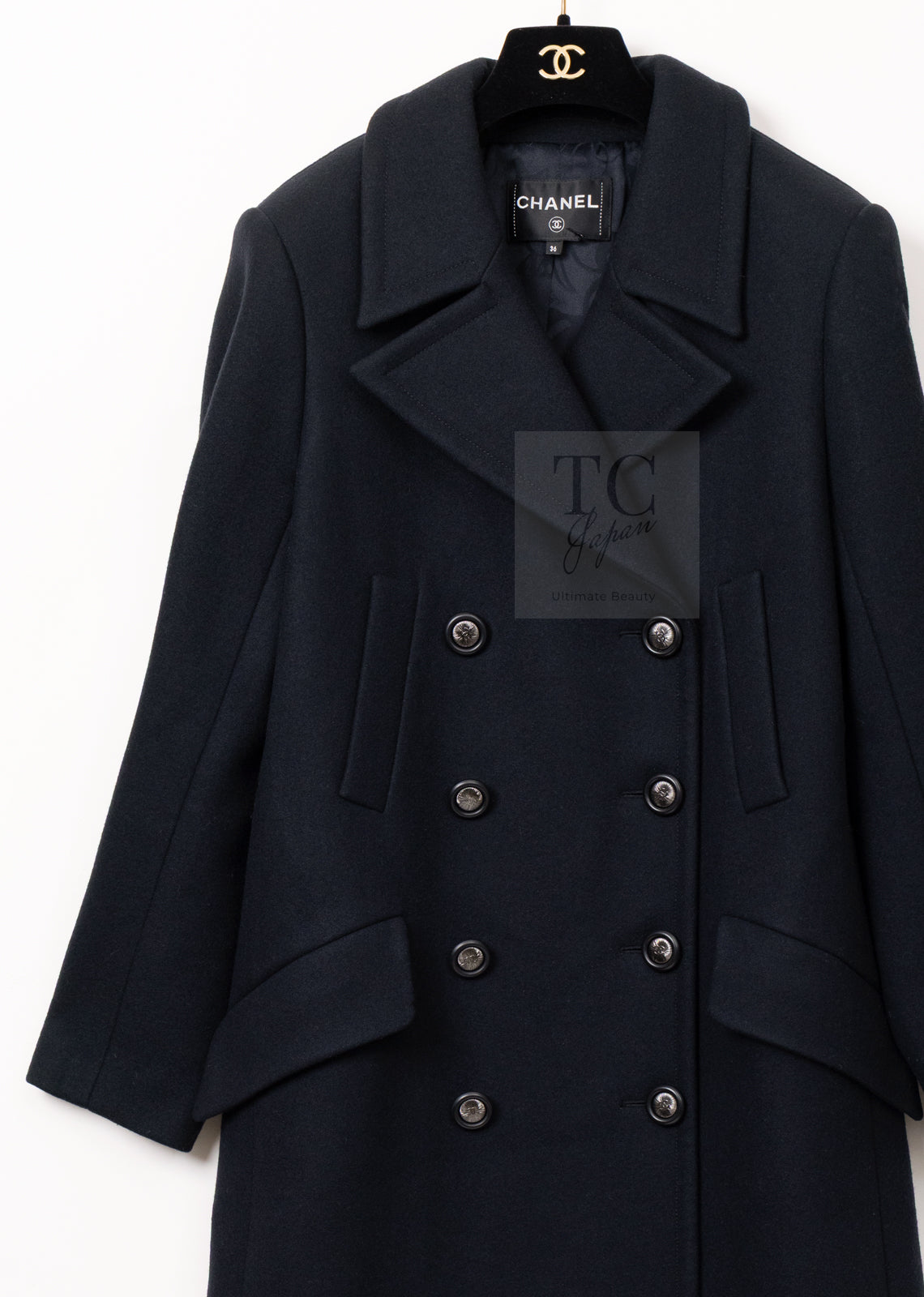 CHANEL 17B Black Dark Navy Wool CC Logo Button Double Coat 38 40 シャネル ブラック ダーク ネイビー ウール CC ロゴボタン ダブル コート 即発