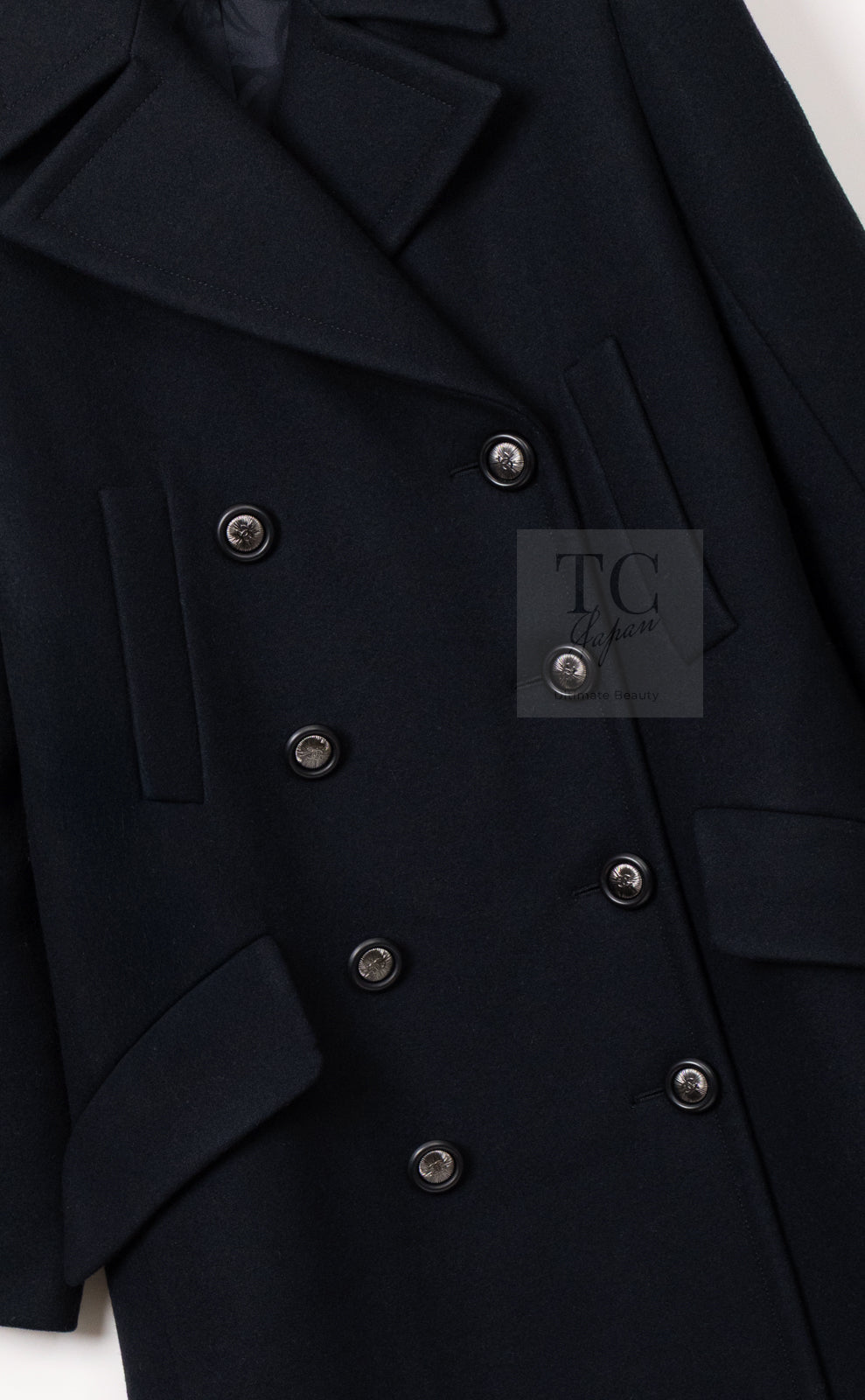 CHANEL 17B Black Dark Navy Wool CC Logo Button Double Coat 38 40 シャネル ブラック ダーク ネイビー ウール CC ロゴボタン ダブル コート 即発