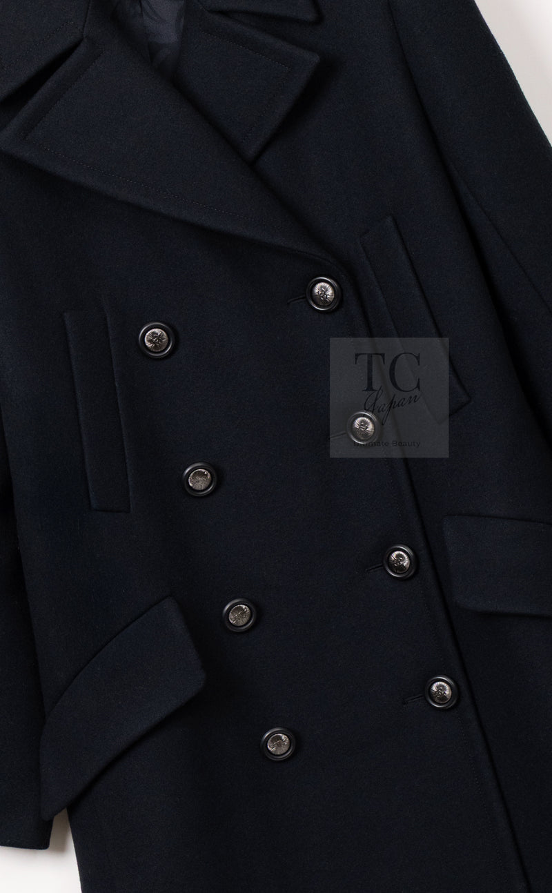 CHANEL 17B Black Dark Navy Wool CC Logo Button Double Coat 38 40 シャネル ブラック ダーク ネイビー ウール CC ロゴボタン ダブル コート 即発