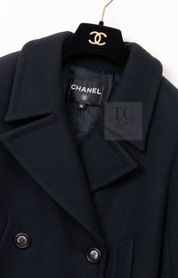 CHANEL 17B Black Dark Navy Wool CC Logo Button Double Coat 38 40 シャネル ブラック ダーク ネイビー ウール CC ロゴボタン ダブル コート 即発
