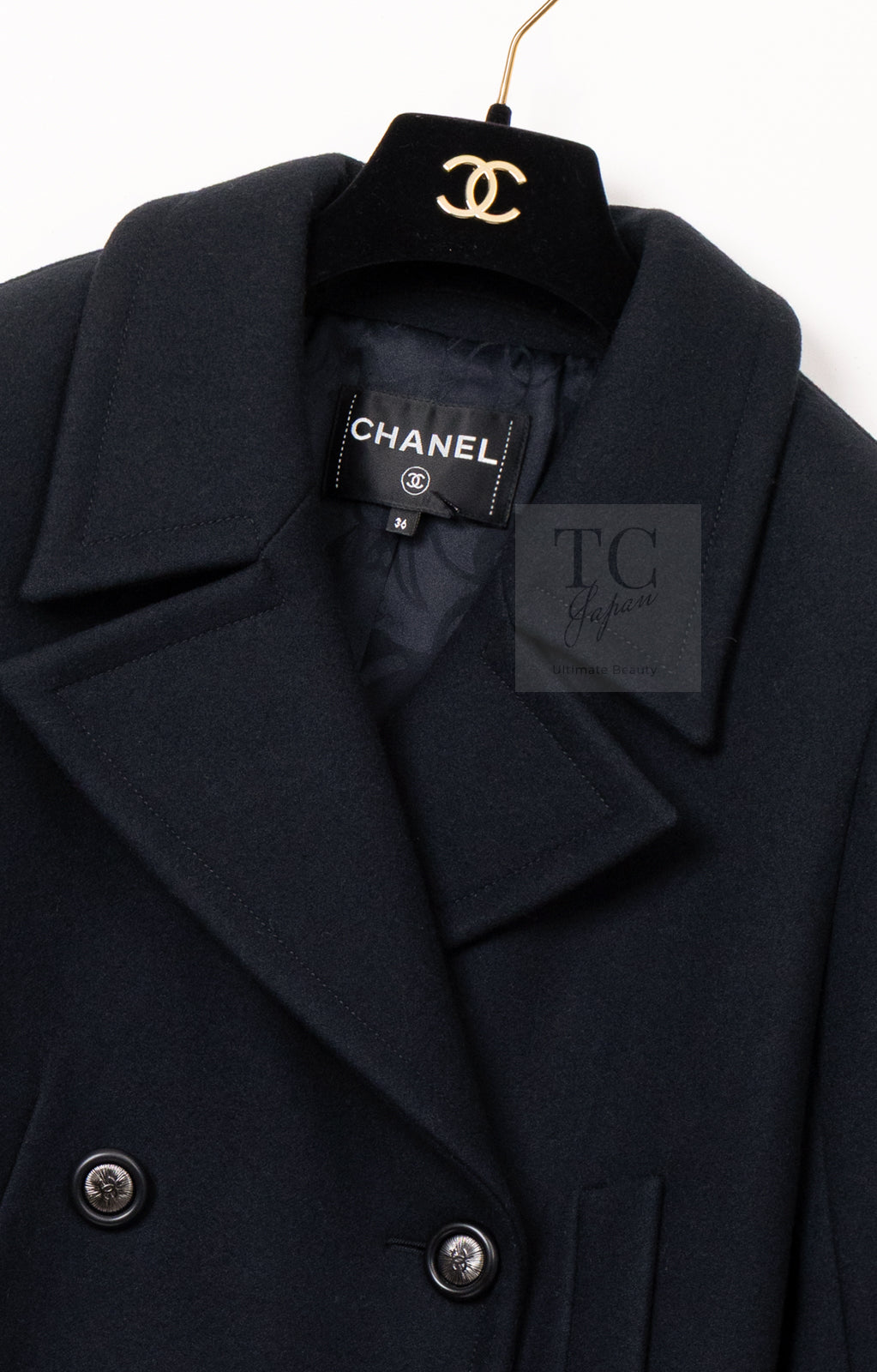 CHANEL 17B Black Dark Navy Wool CC Logo Button Double Coat 38 40 シャネル ブラック ダーク ネイビー ウール CC ロゴボタン ダブル コート 即発