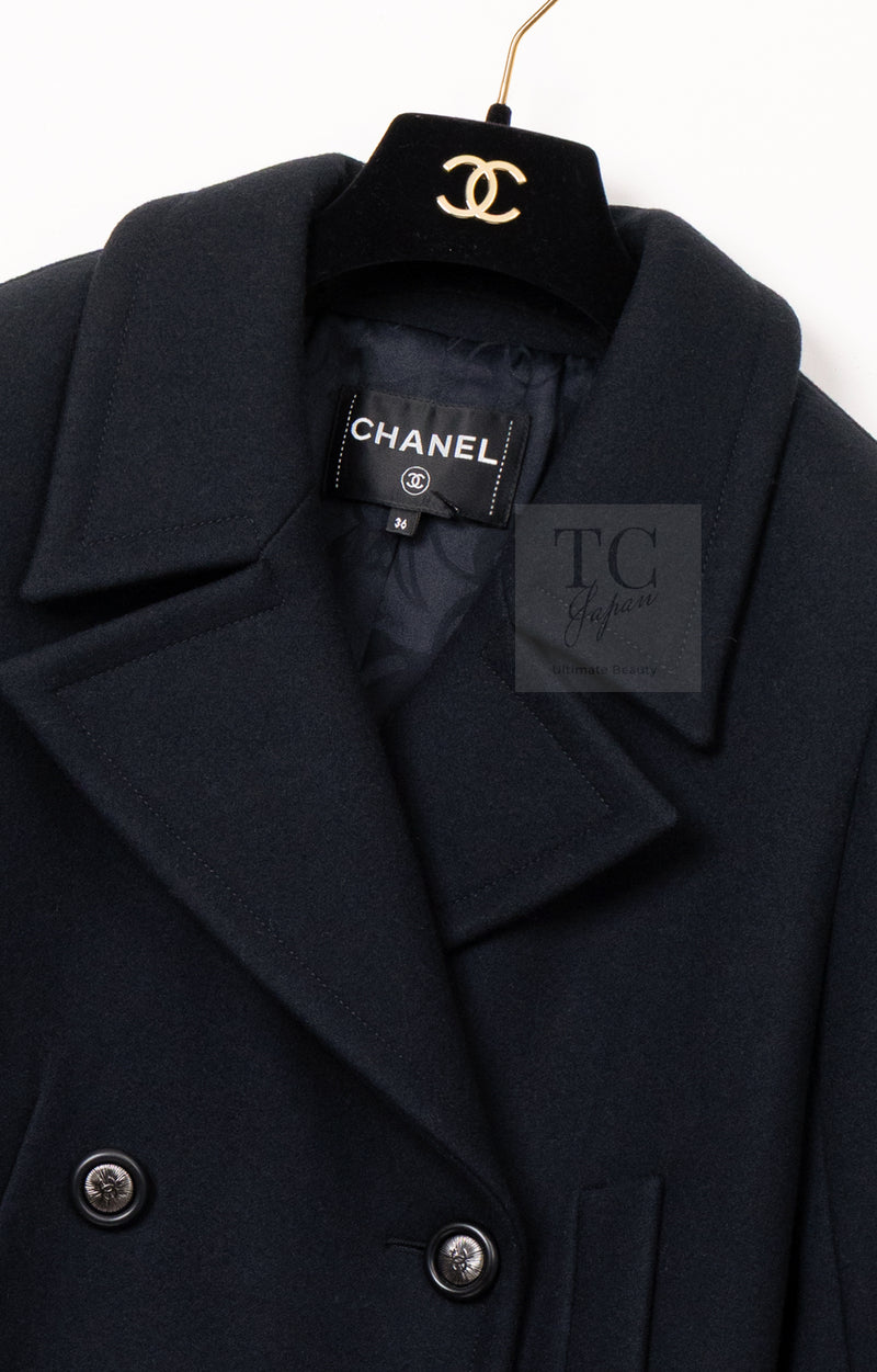 CHANEL 17B Black Dark Navy Wool CC Logo Button Double Coat 38 40 シャネル ブラック ダーク ネイビー ウール CC ロゴボタン ダブル コート 即発