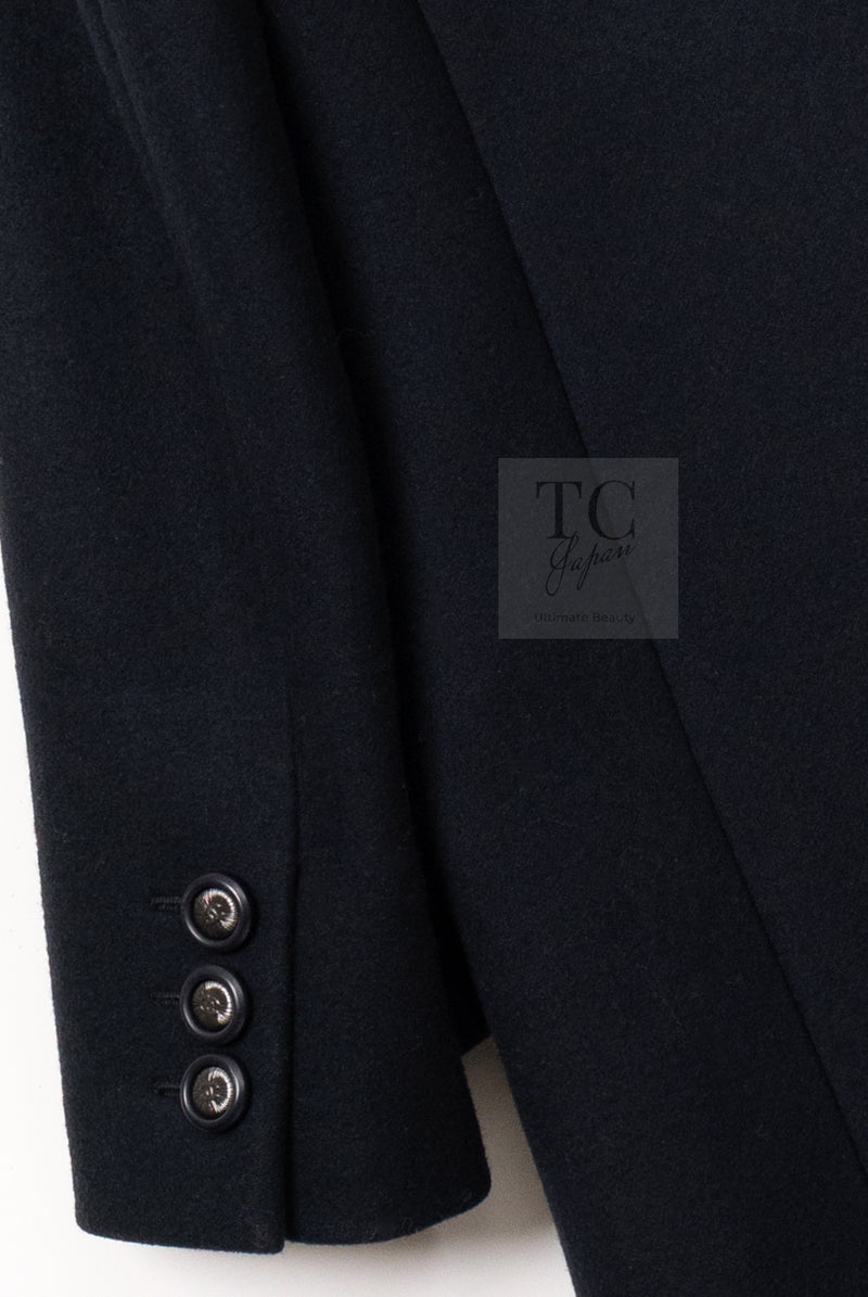 CHANEL 17B Black Dark Navy Wool CC Logo Button Double Coat 38 40 シャネル ブラック ダーク ネイビー ウール CC ロゴボタン ダブル コート 即発