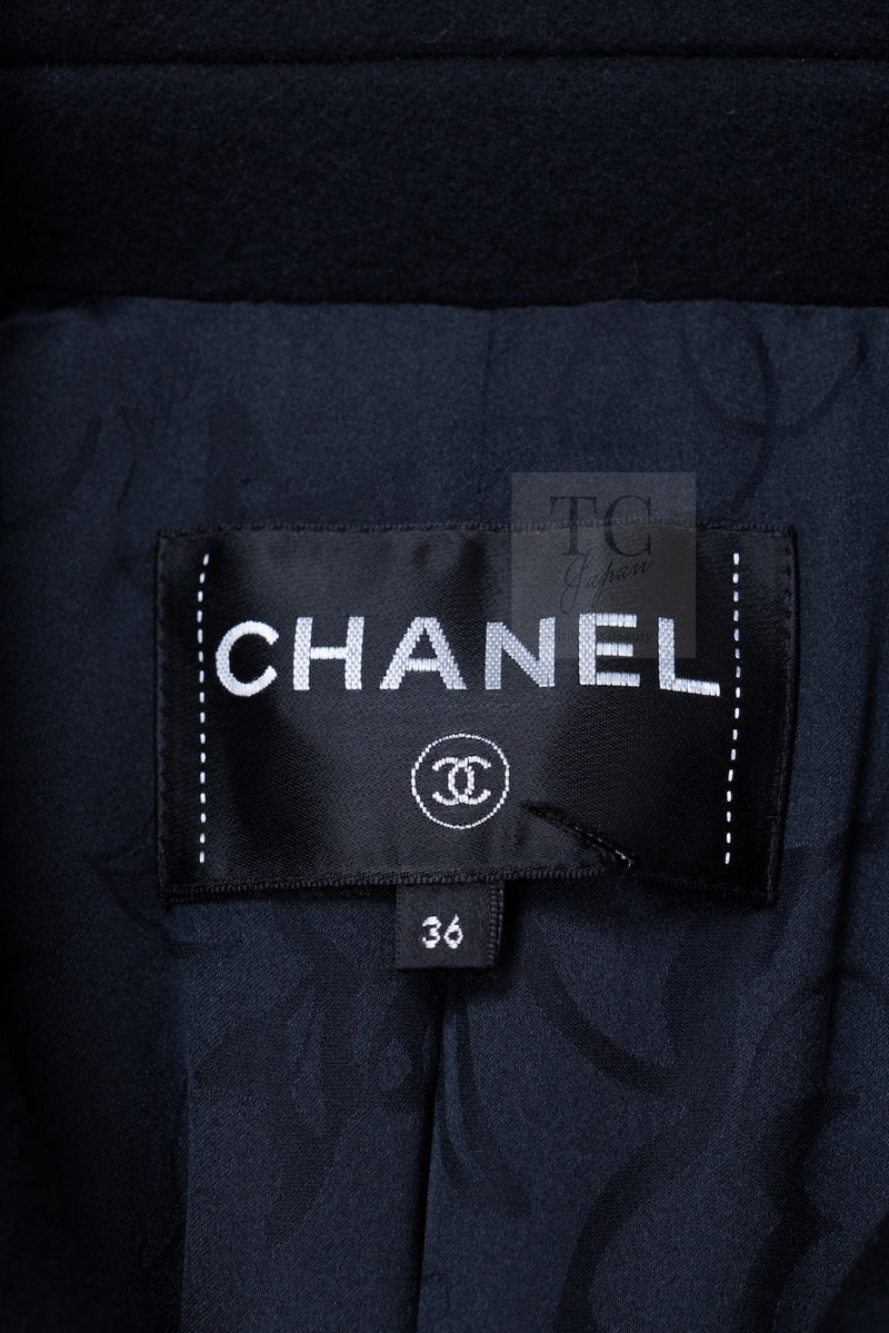 CHANEL 17B Black Dark Navy Wool CC Logo Button Double Coat 38 40 シャネル ブラック ダーク ネイビー ウール CC ロゴボタン ダブル コート 即発