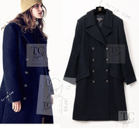 CHANEL 17B Black Dark Navy Wool CC Logo Button Double Coat 38 40 シャネル ブラック ダーク ネイビー ウール CC ロゴボタン ダブル コート 即発
