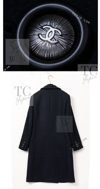 CHANEL 17B Black Dark Navy Wool CC Logo Button Double Coat 38 40 シャネル ブラック ダーク ネイビー ウール CC ロゴボタン ダブル コート 即発