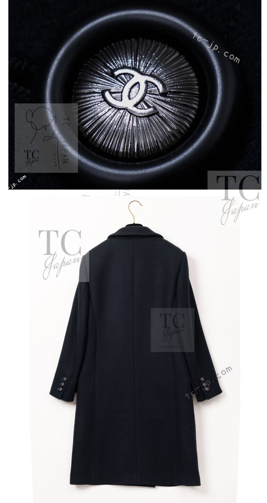 CHANEL 17B Black Dark Navy Wool CC Logo Button Double Coat 38 40 シャネル ブラック ダーク ネイビー ウール CC ロゴボタン ダブル コート 即発