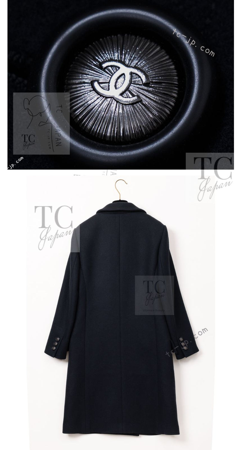 CHANEL 17B Black Dark Navy Wool CC Logo Button Double Coat 38 40 シャネル ブラック ダーク ネイビー ウール CC ロゴボタン ダブル コート 即発