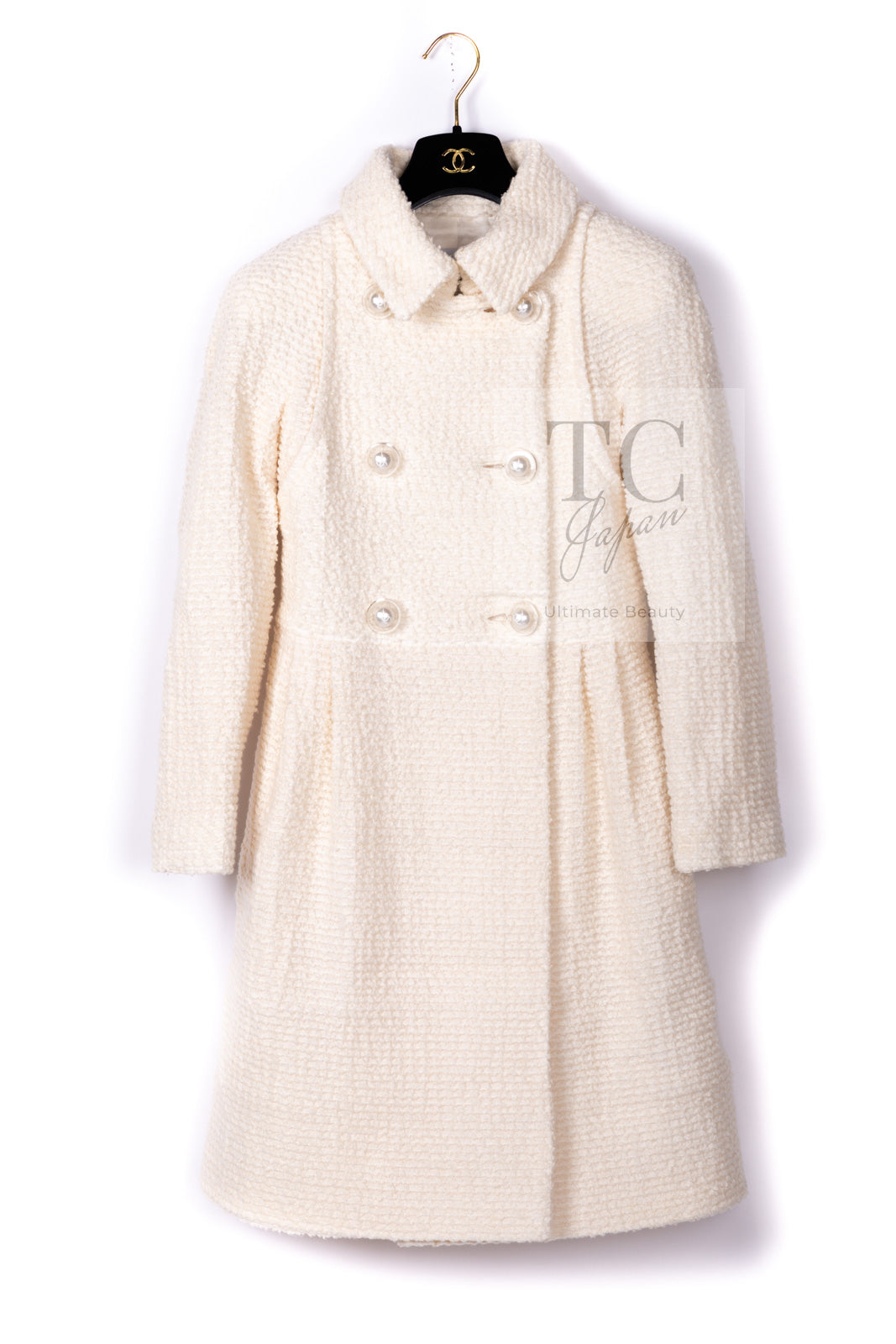CHANEL 17A Ivory CC Big Buttons Double Wool Tweed Coat 38 シャネル アイボリー CC ロゴ ビッグ ボタン ダブル ウール ツイード コート 即発