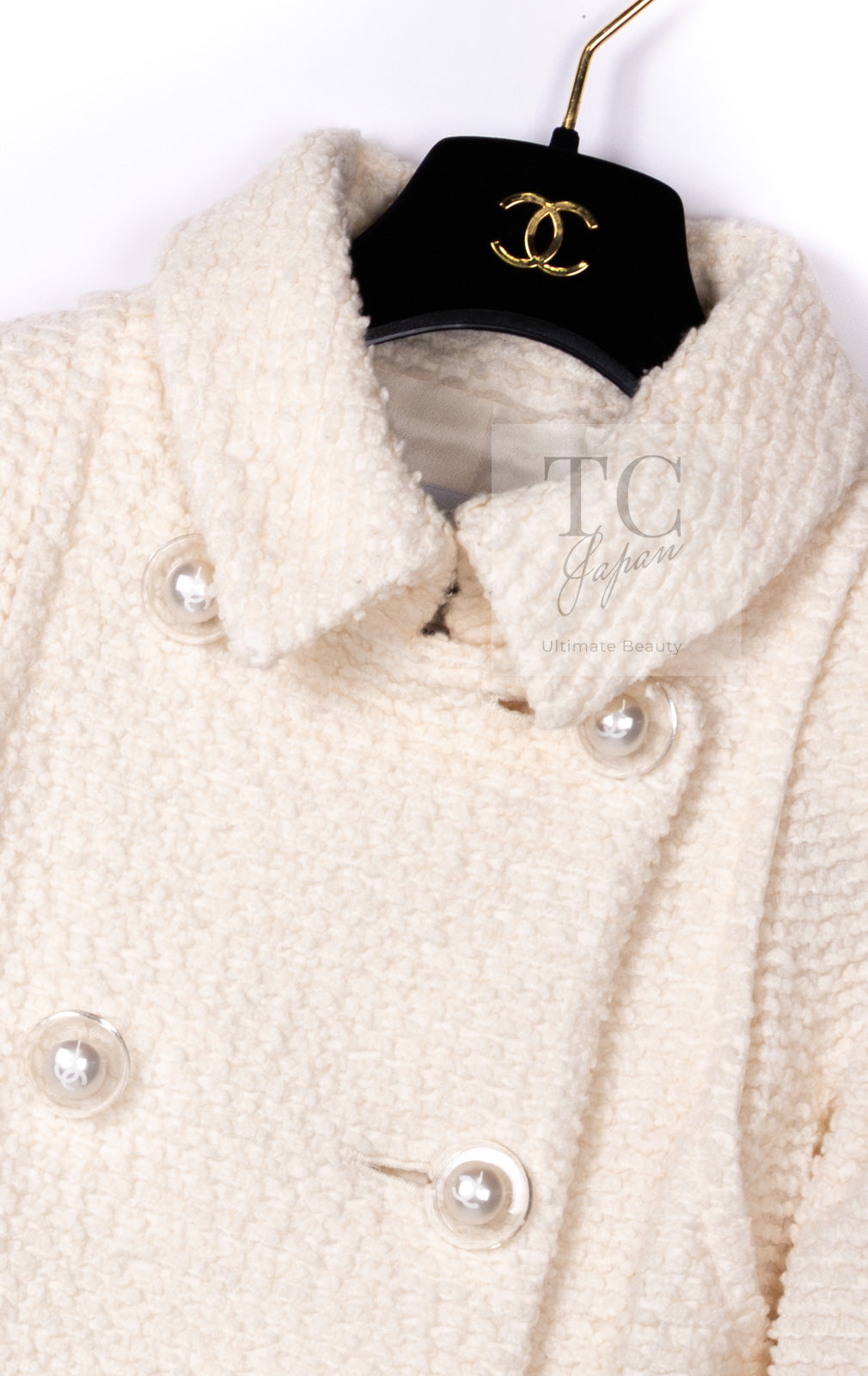 CHANEL 17A Ivory CC Big Buttons Double Wool Tweed Coat 38 シャネル アイボリー CC ロゴ ビッグ ボタン ダブル ウール ツイード コート 即発