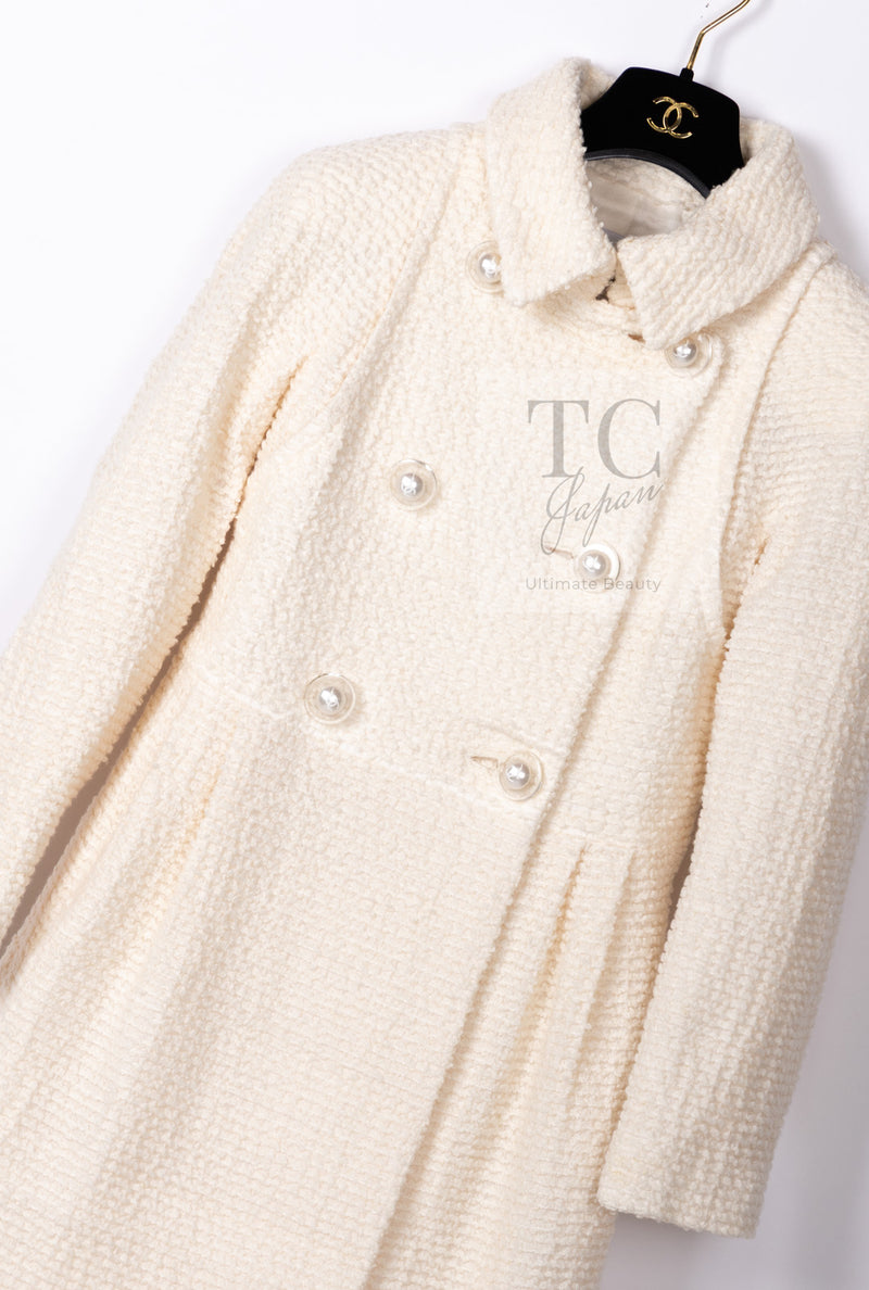 CHANEL 17A Ivory CC Big Buttons Double Wool Tweed Coat 38 シャネル アイボリー CC ロゴ ビッグ ボタン ダブル ウール ツイード コート 即発