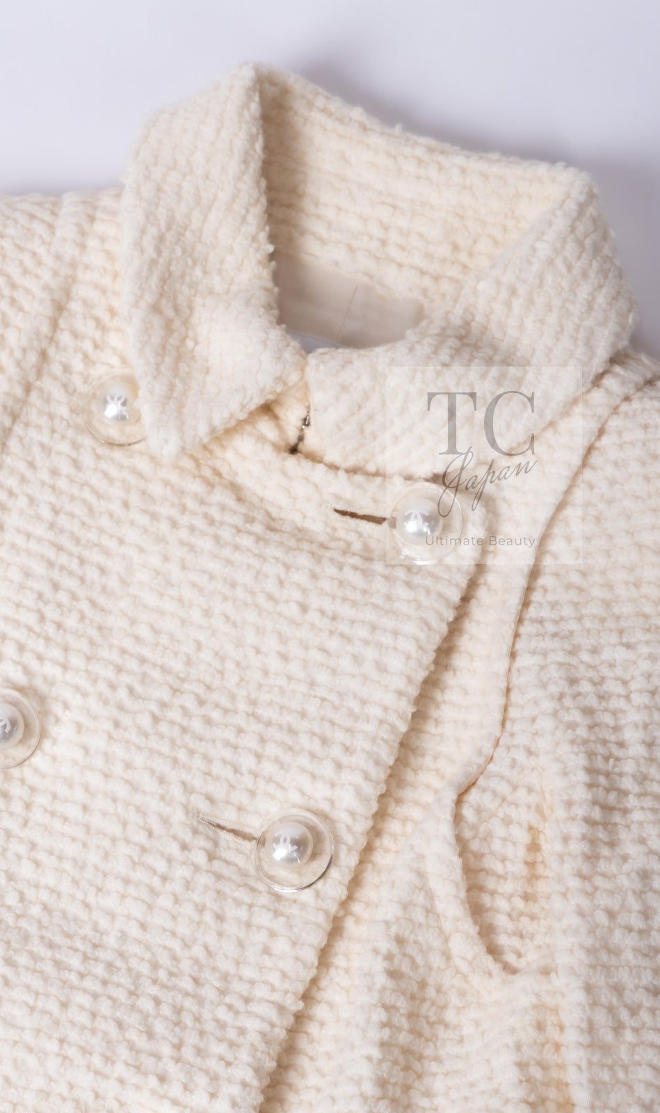 CHANEL 17A Ivory CC Big Buttons Double Wool Tweed Coat 38 シャネル アイボリー CC ロゴ ビッグ ボタン ダブル ウール ツイード コート 即発