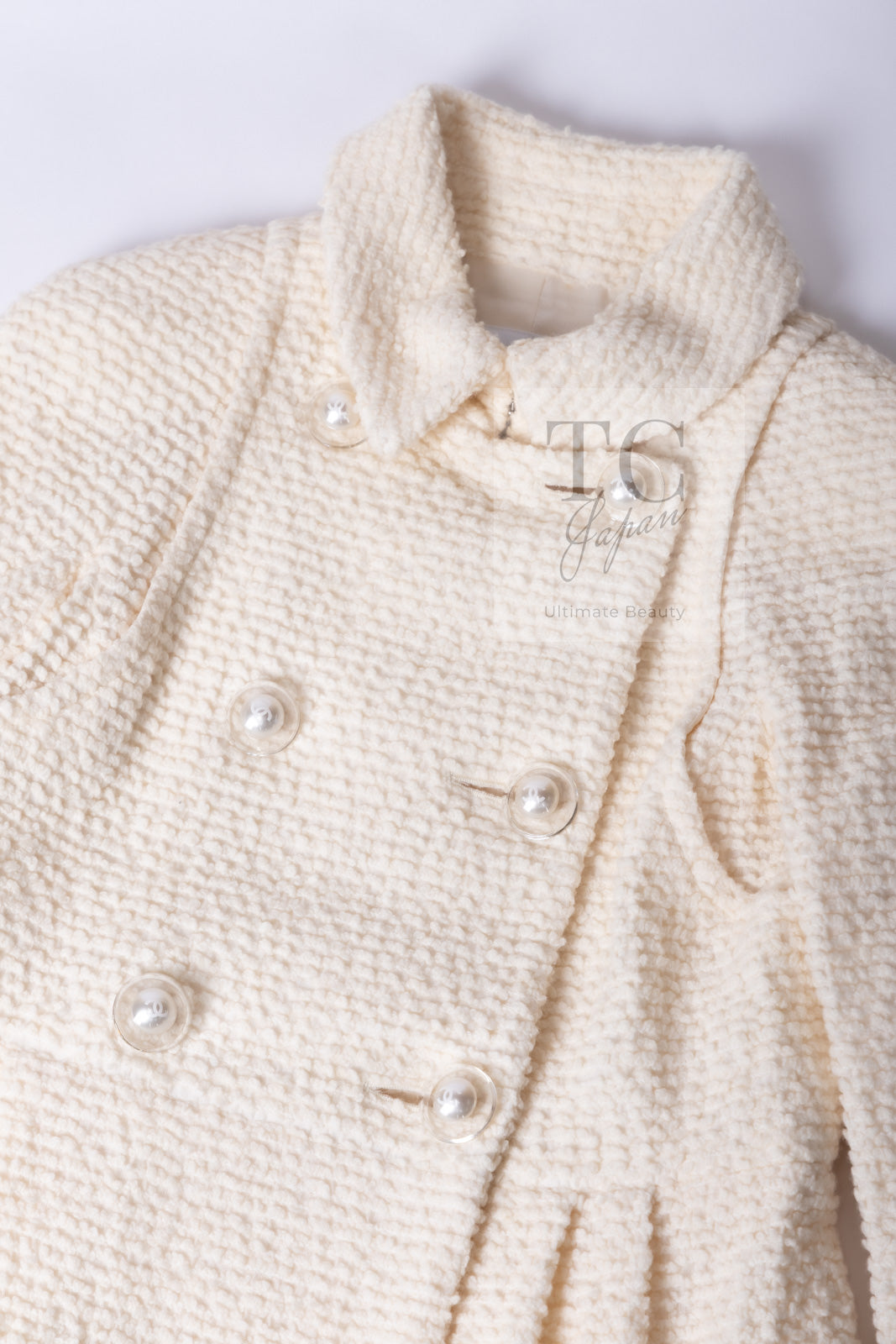 CHANEL 17A Ivory CC Big Buttons Double Wool Tweed Coat 38 シャネル アイボリー CC ロゴ ビッグ ボタン ダブル ウール ツイード コート 即発