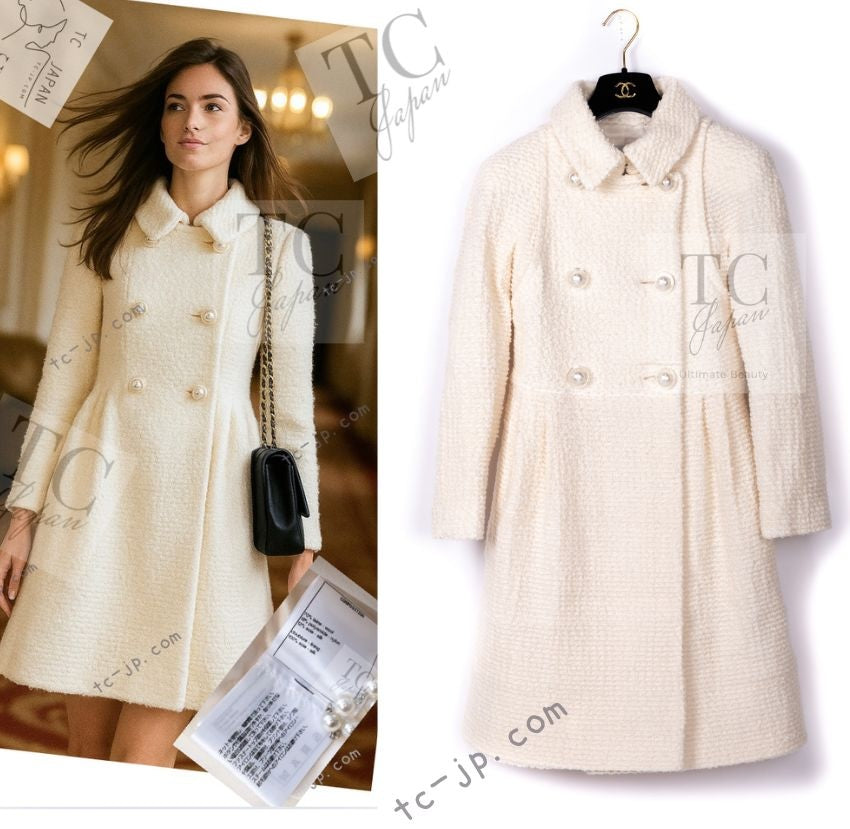CHANEL 17A Ivory CC Big Buttons Double Wool Tweed Coat 38 シャネル アイボリー CC ロゴ ビッグ ボタン ダブル ウール ツイード コート 即発