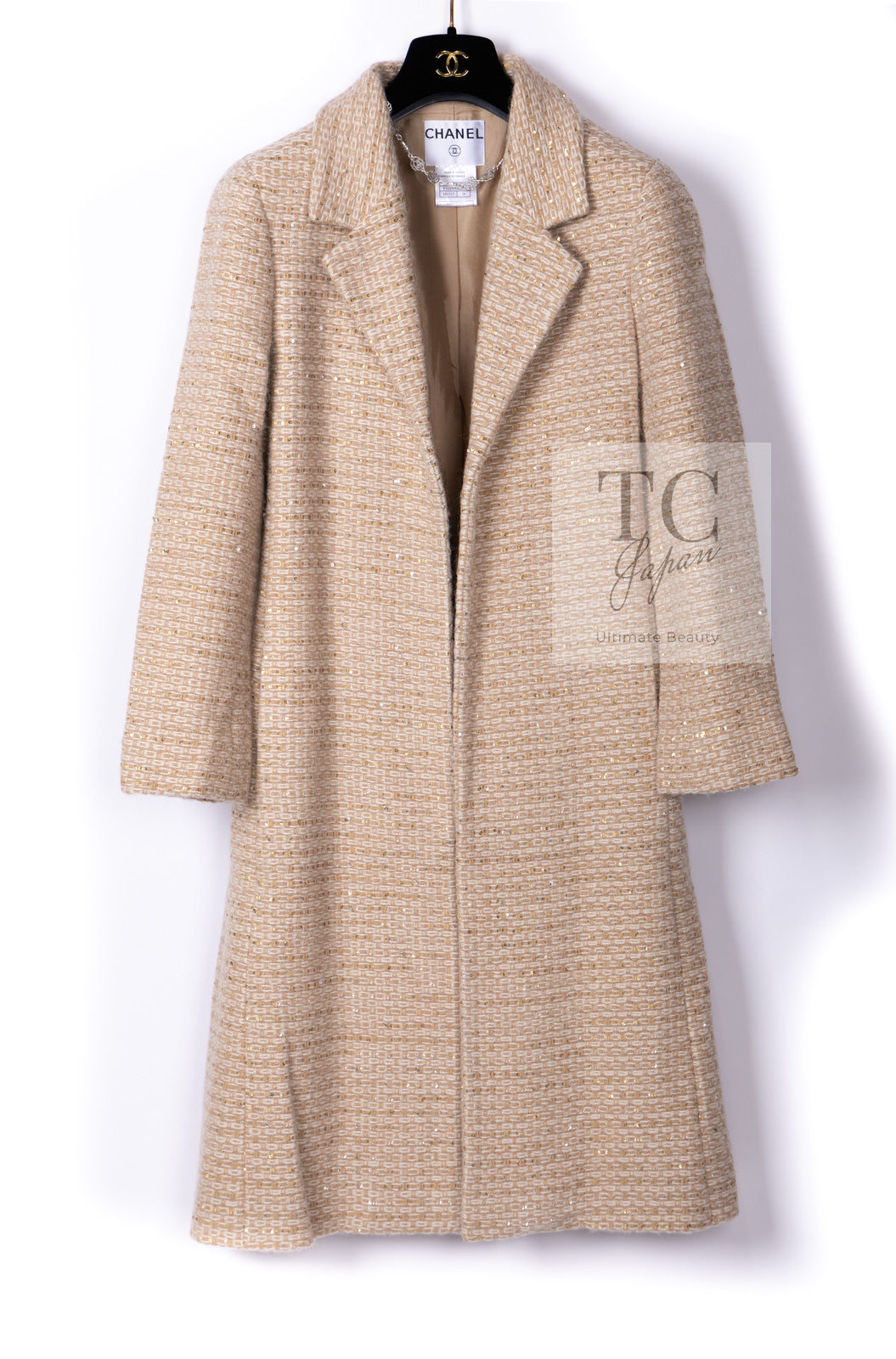 CHANEL 00A Vintage Beige Sequin Embellishments Wool Alpaca Coat 38 シャネル ヴィンテージ ベージュ スパンコール ウール アルパカ コート 即発