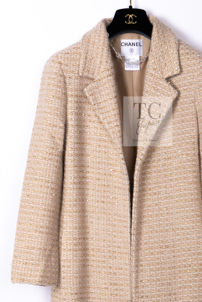 CHANEL 00A Vintage Beige Sequin Embellishments Wool Alpaca Coat 38 シャネル ヴィンテージ ベージュ スパンコール ウール アルパカ コート 即発