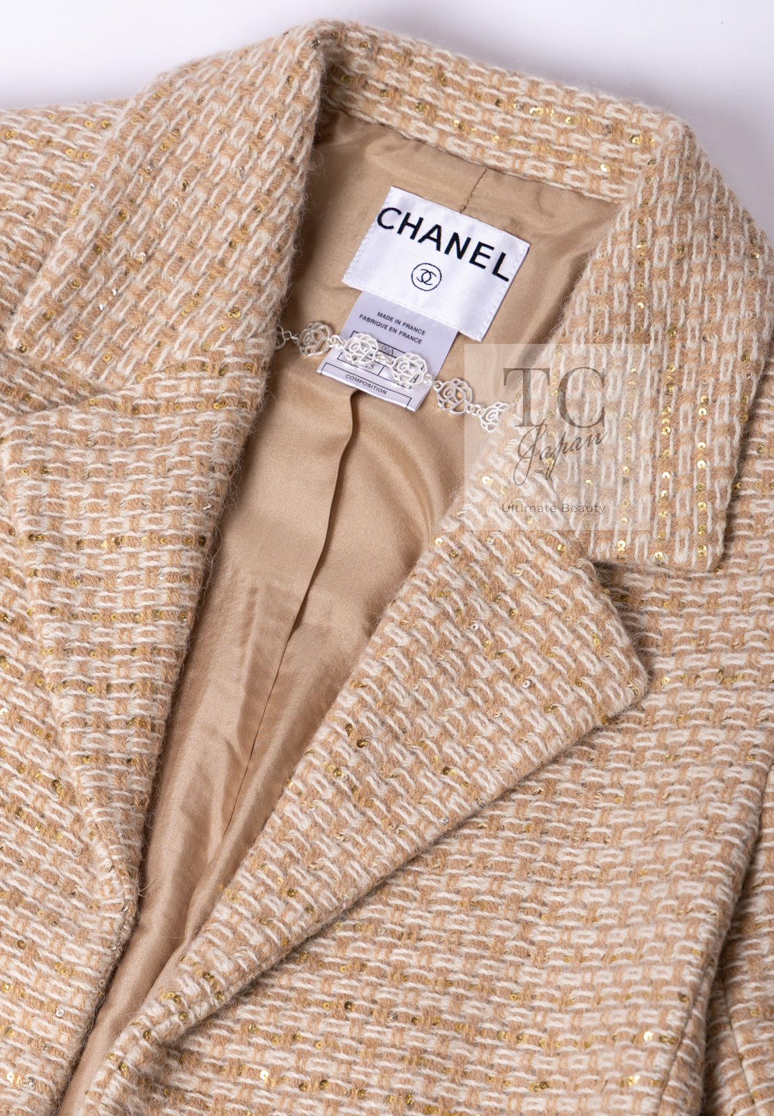 CHANEL 00A Vintage Beige Sequin Embellishments Wool Alpaca Coat 38 シャネル ヴィンテージ ベージュ スパンコール ウール アルパカ コート 即発
