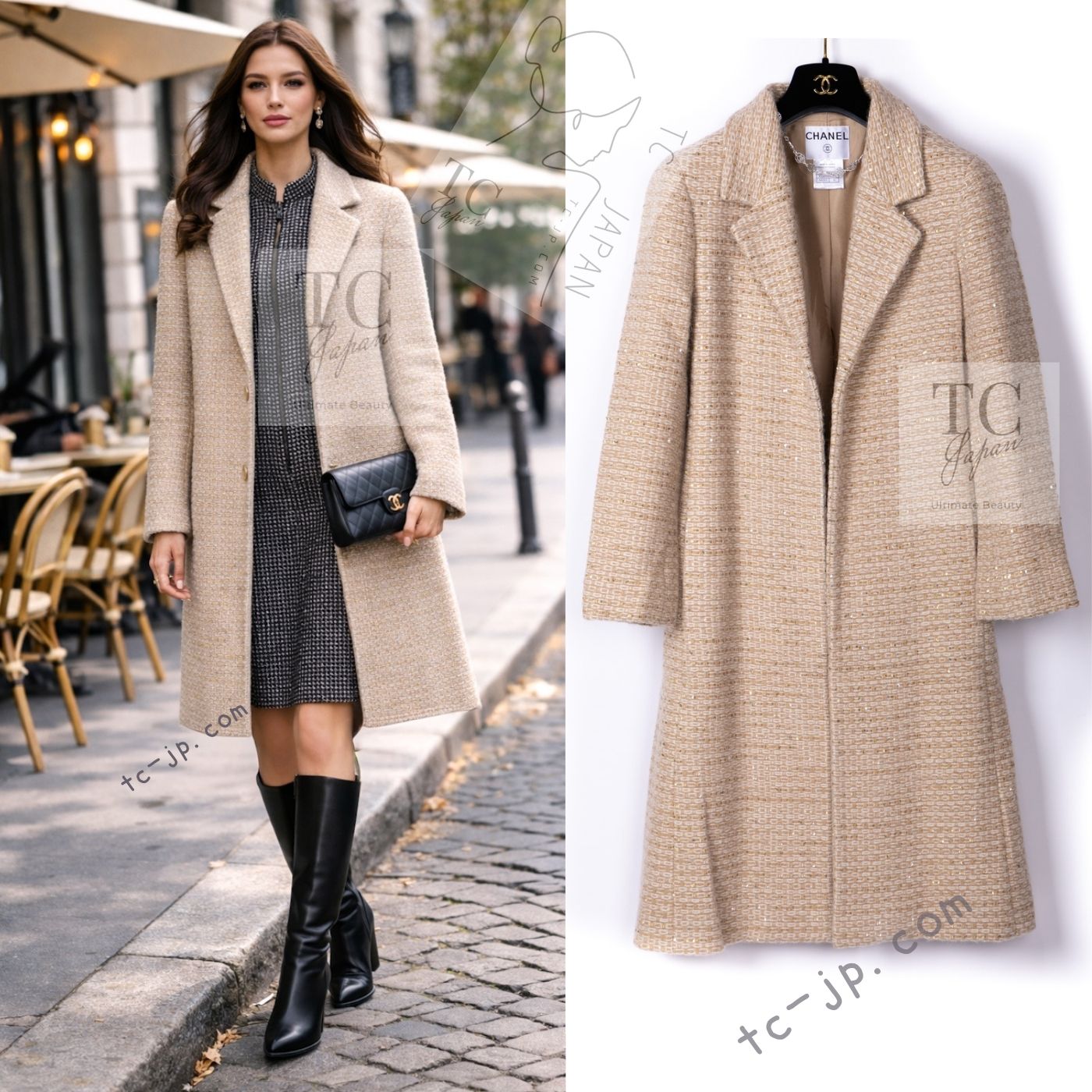 CHANEL 00A Vintage Beige Sequin Embellishments Wool Alpaca Coat 38 シャネル ヴィンテージ ベージュ スパンコール ウール アルパカ コート 即発