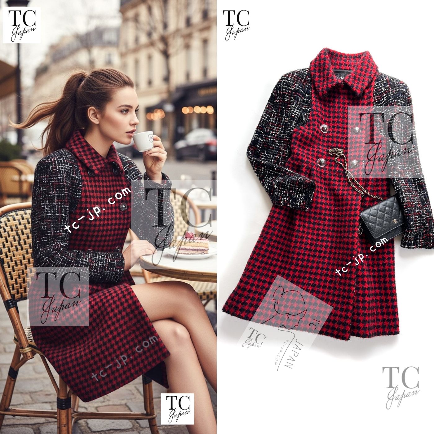CHANEL 17A Red Black Double Wool Tweed Coat 36 38 シャネル レッド ブラック ダブル ウール ツイード コート 即発 - TC JAPAN