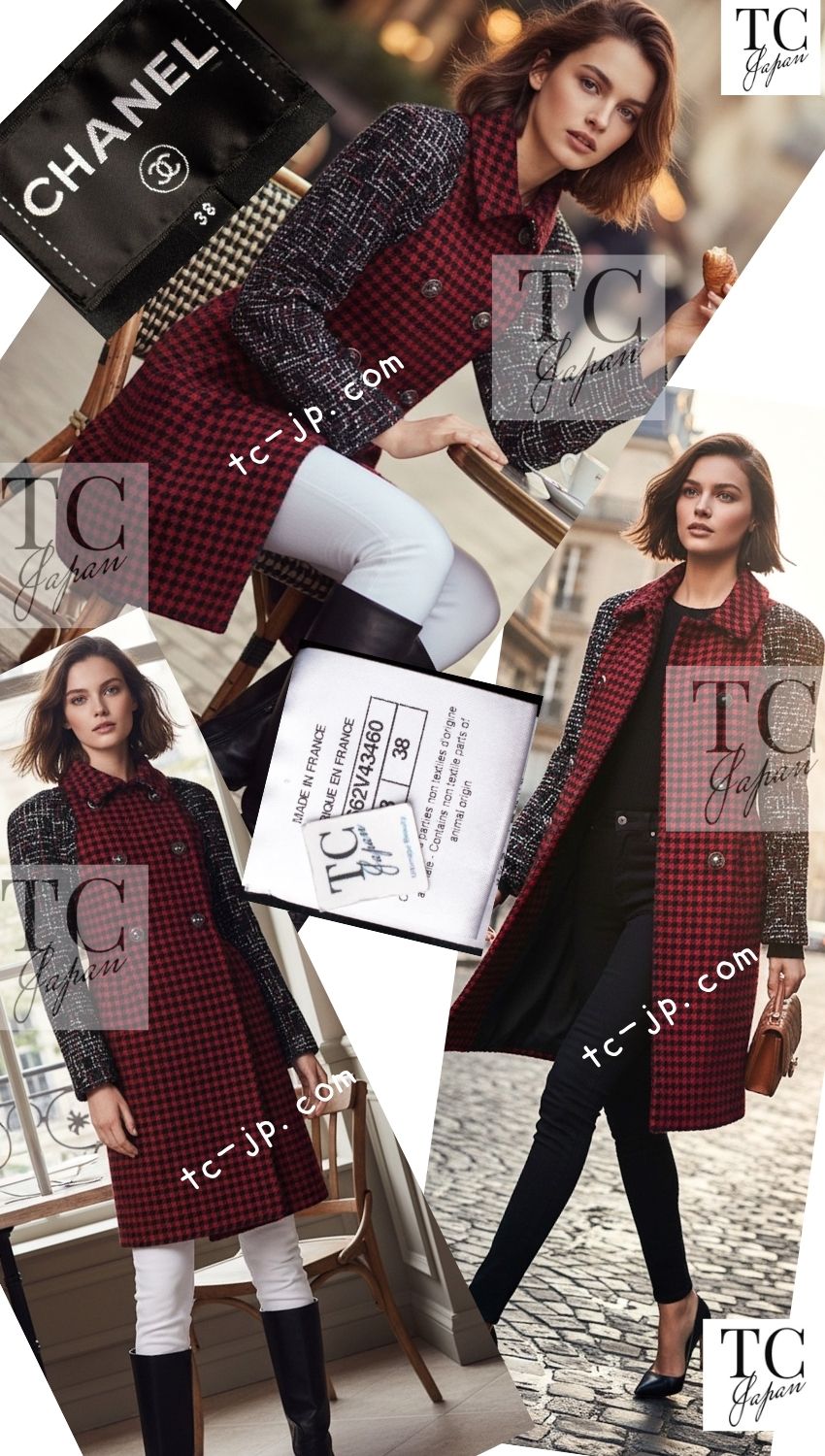 CHANEL 17A Red Black Double Wool Tweed Coat 36 38 シャネル レッド ブラック ダブル ウール ツイード コート 即発 - TC JAPAN