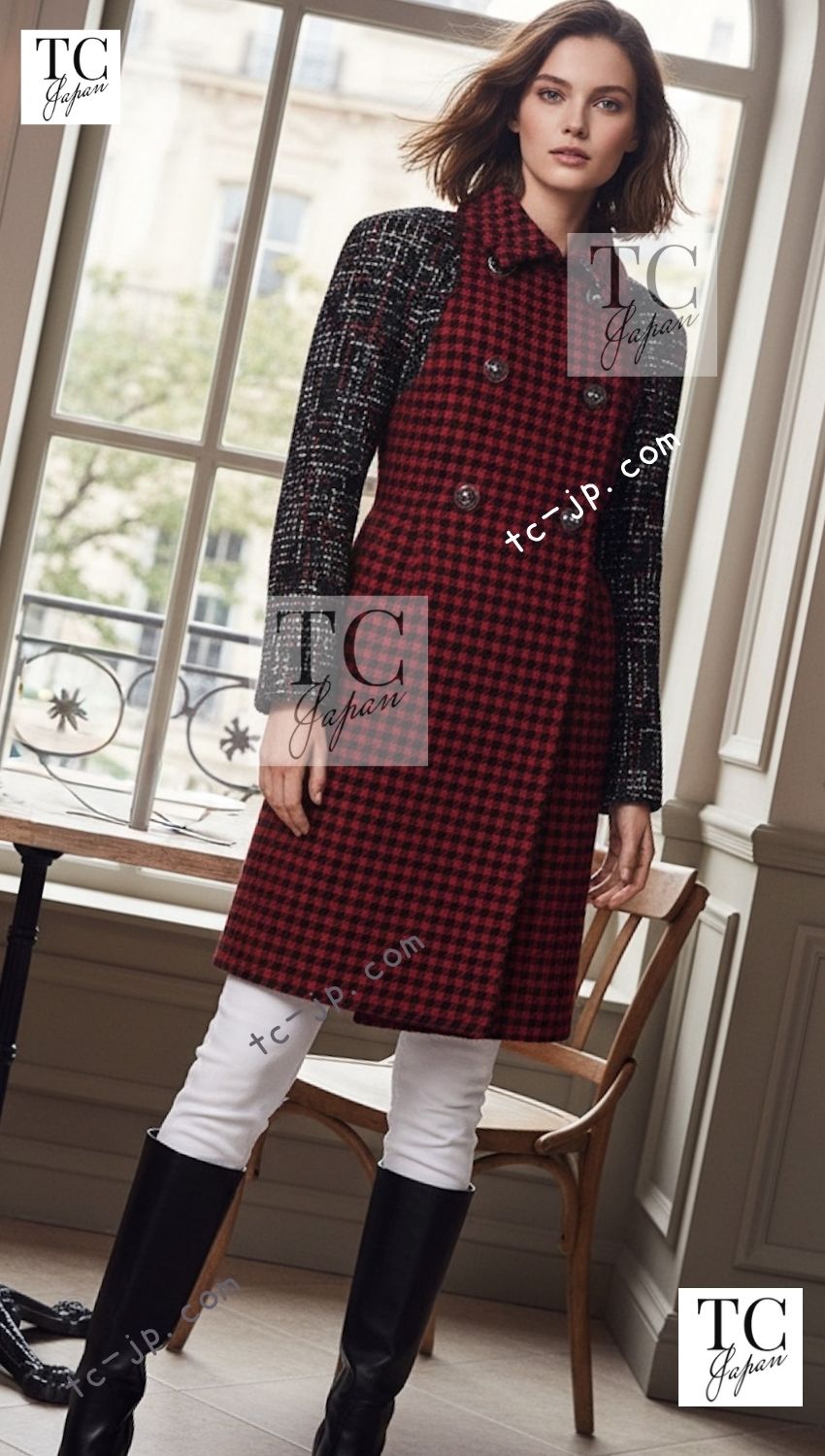 CHANEL 17A Red Black Double Wool Tweed Coat 36 38 シャネル レッド ブラック ダブル ウール ツイード コート 即発 - TC JAPAN